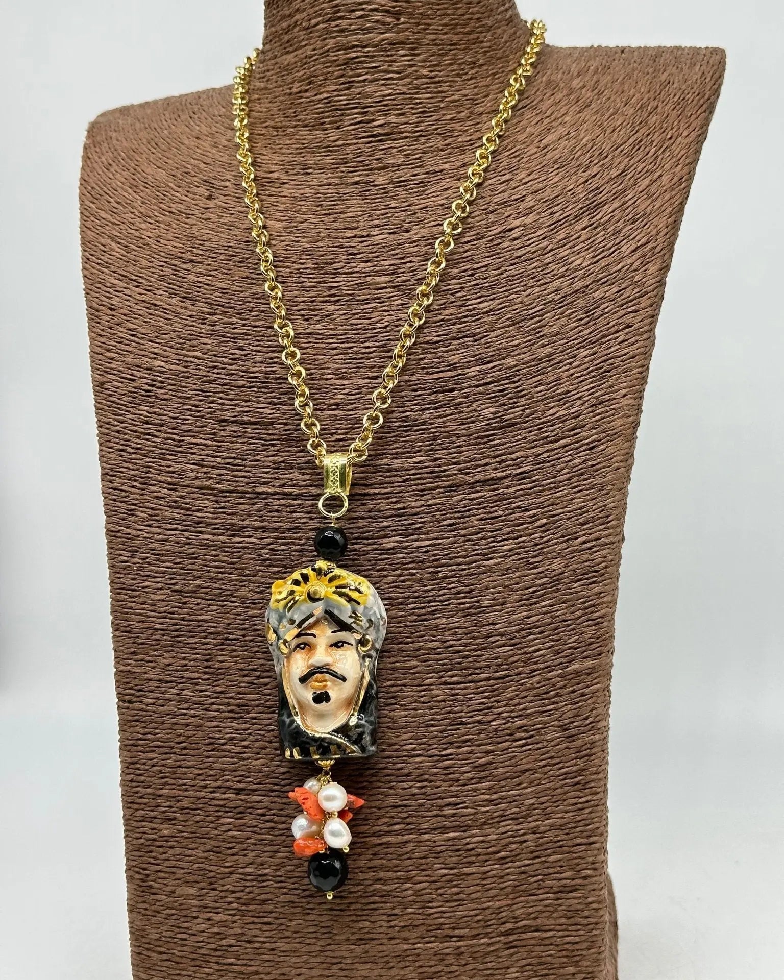 Collana Siciliana Testa di Moro Ceramica di Caltagirone Turbante Celeste Nero - COLLANA