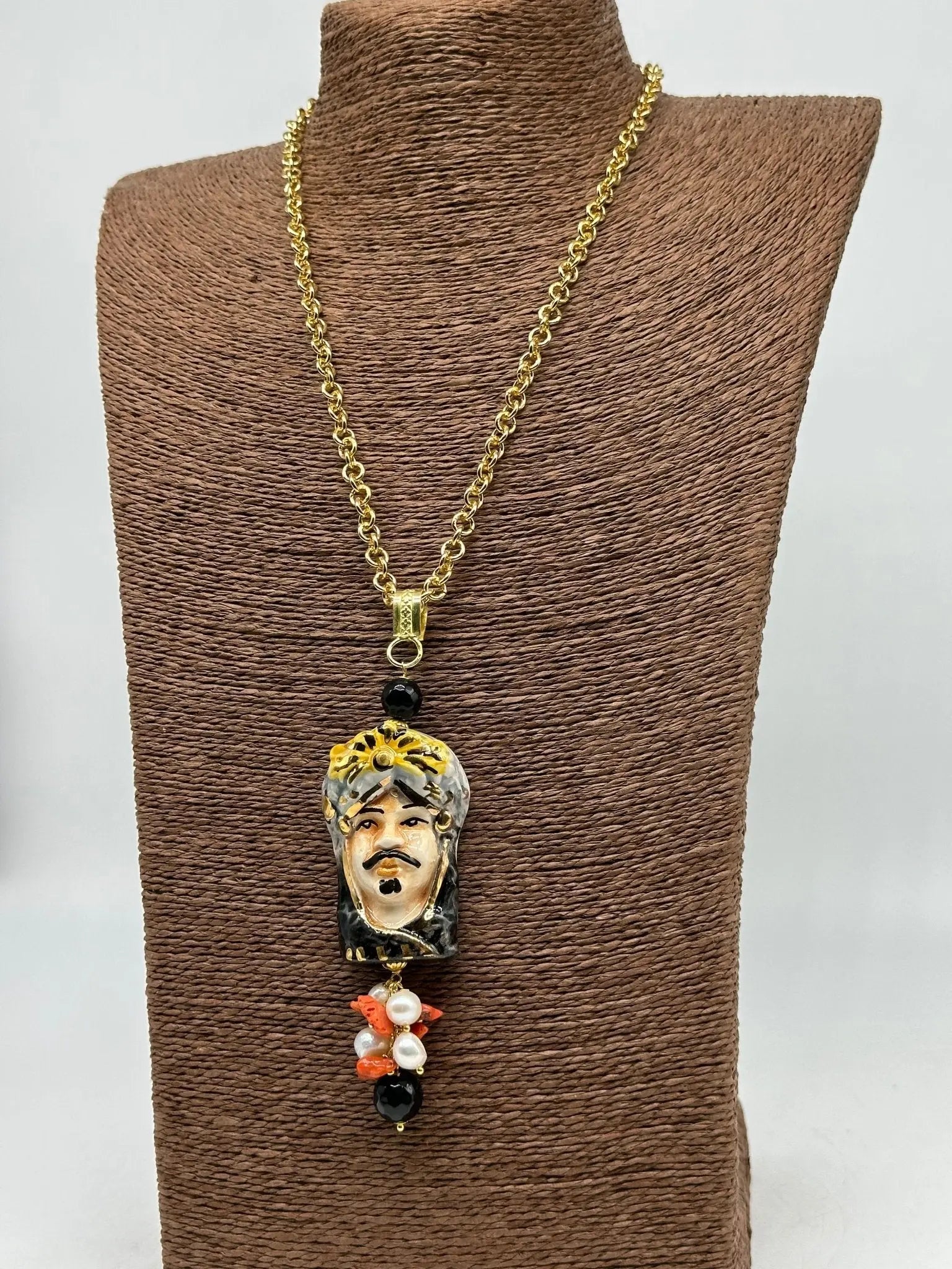 Collana Siciliana Testa di Moro Ceramica di Caltagirone Turbante Celeste Nero - COLLANA
