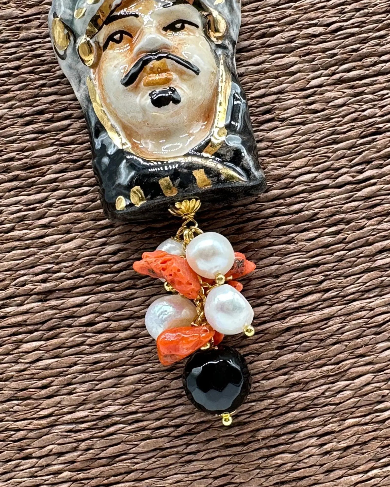 Collana Siciliana Testa di Moro Ceramica di Caltagirone Turbante Celeste Nero - COLLANA