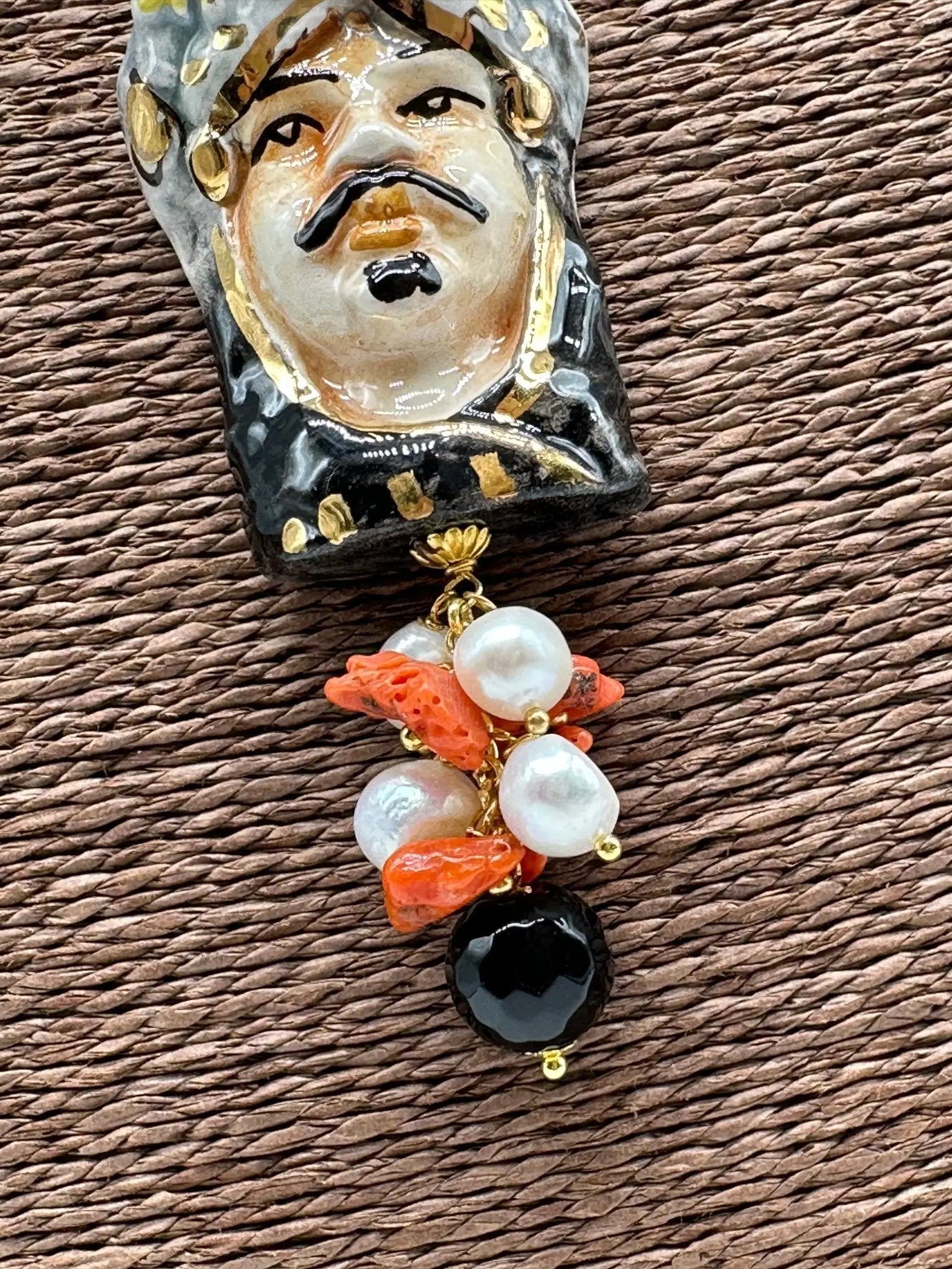 Collana Siciliana Testa di Moro Ceramica di Caltagirone Turbante Celeste Nero - COLLANA