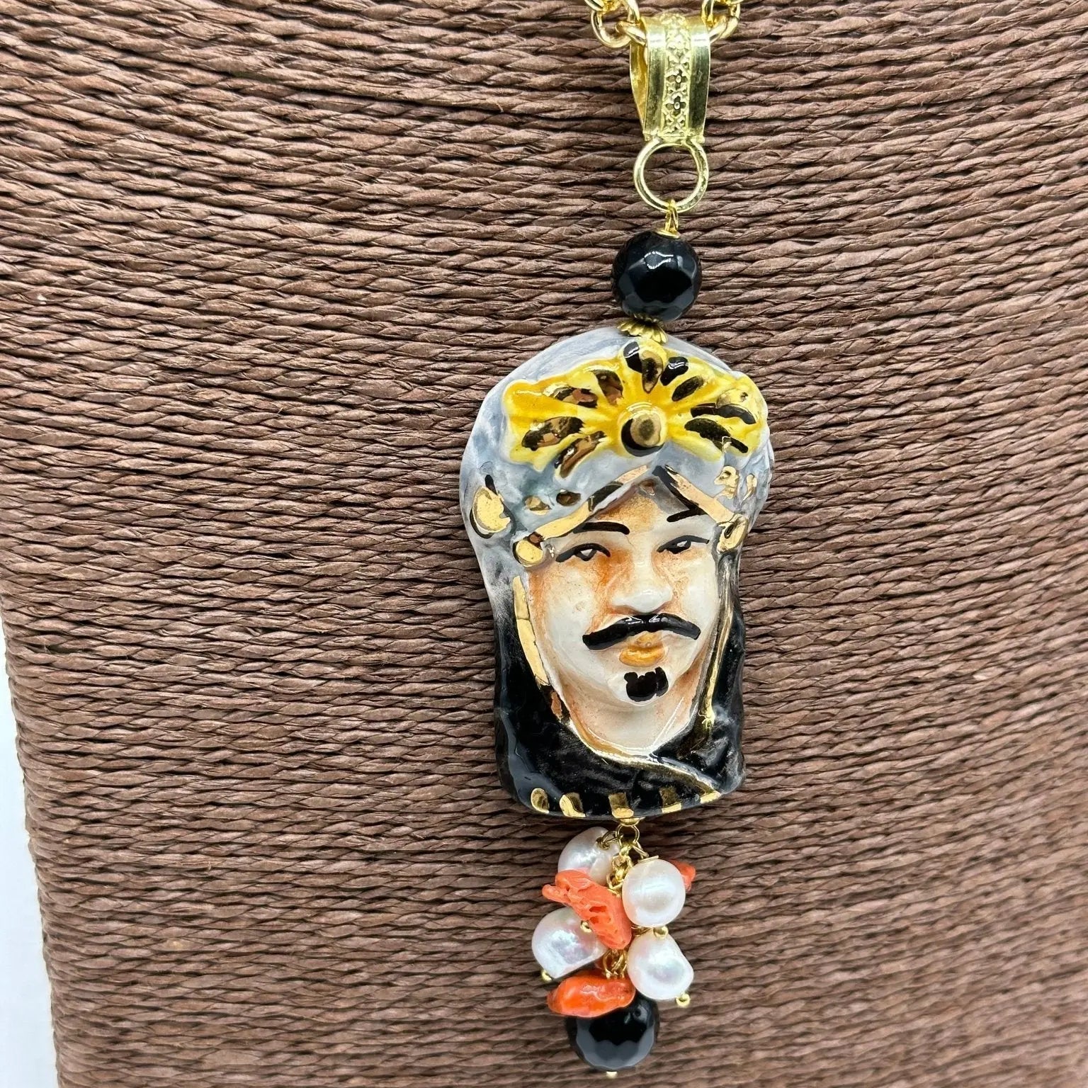 Collana Siciliana Testa di Moro Ceramica di Caltagirone Turbante Celeste Nero - COLLANA