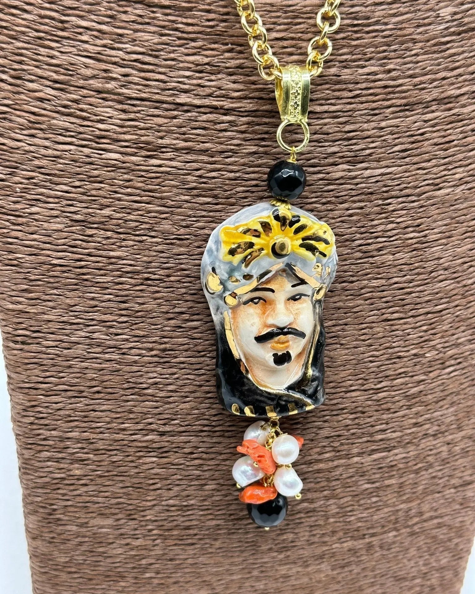 Collana Siciliana Testa di Moro Ceramica di Caltagirone Turbante Celeste Nero - COLLANA