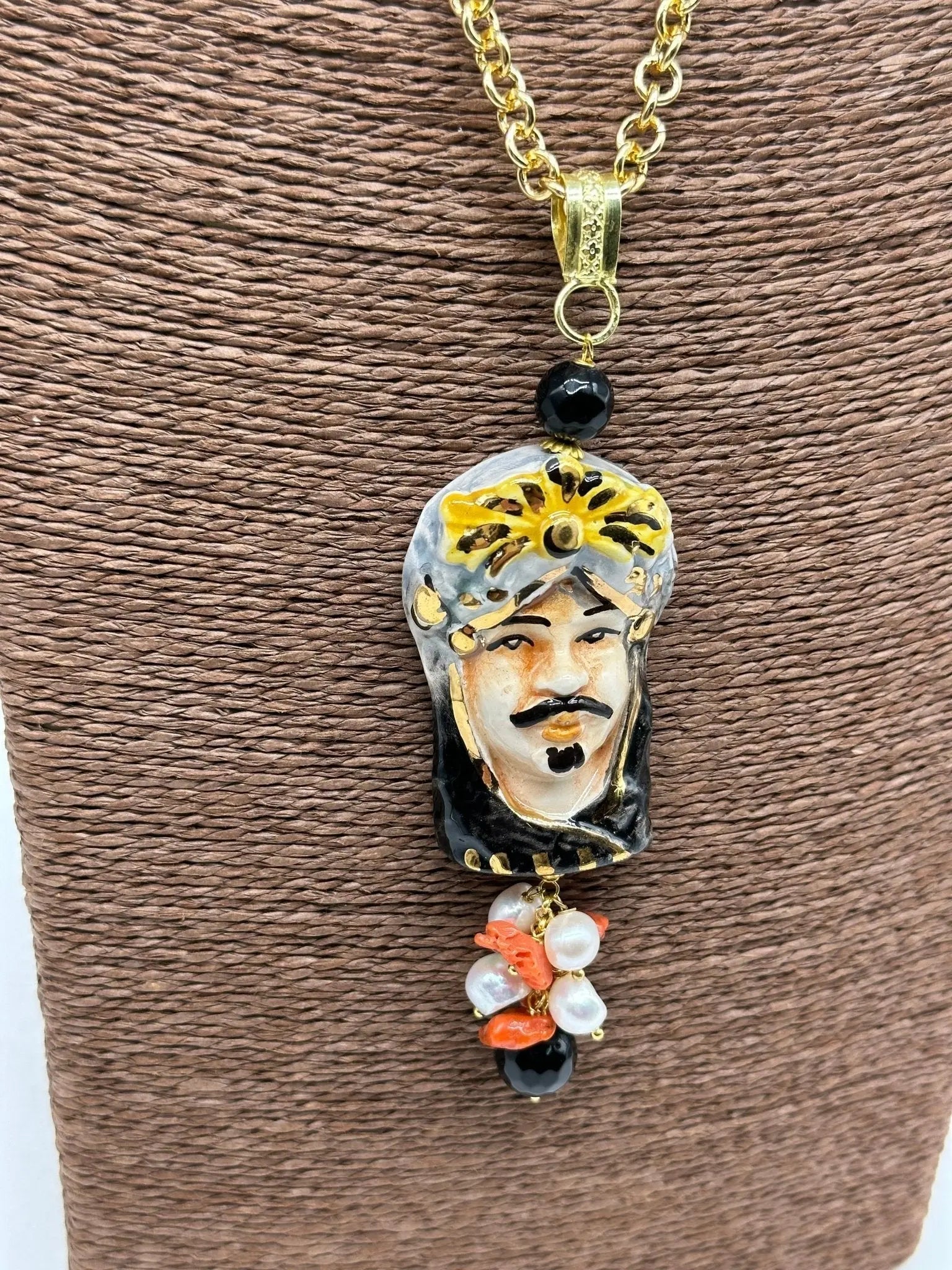 Collana Siciliana Testa di Moro Ceramica di Caltagirone Turbante Celeste Nero - COLLANA