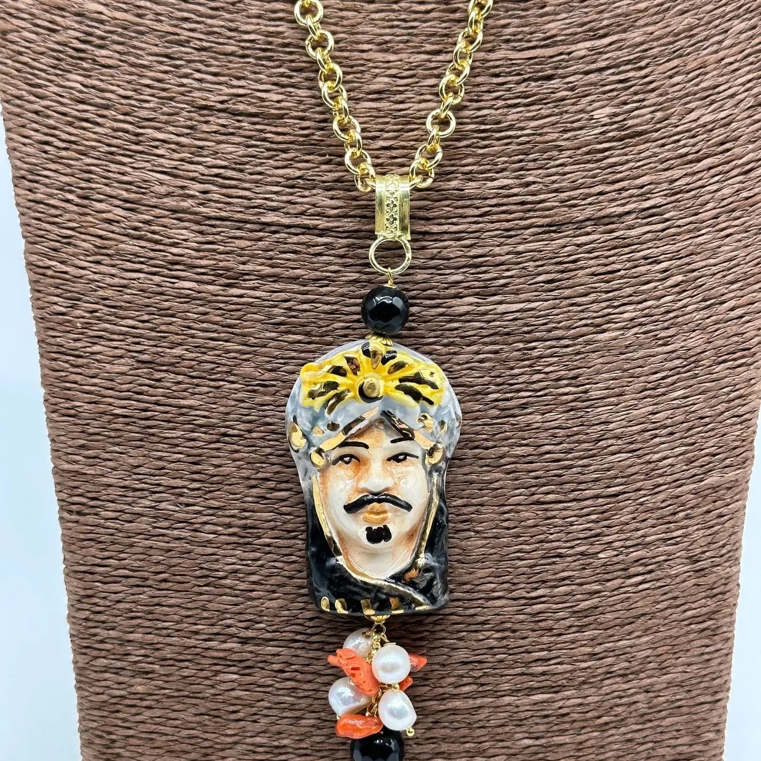 Collana Siciliana Testa di Moro Ceramica di Caltagirone Turbante Celeste Nero - COLLANA