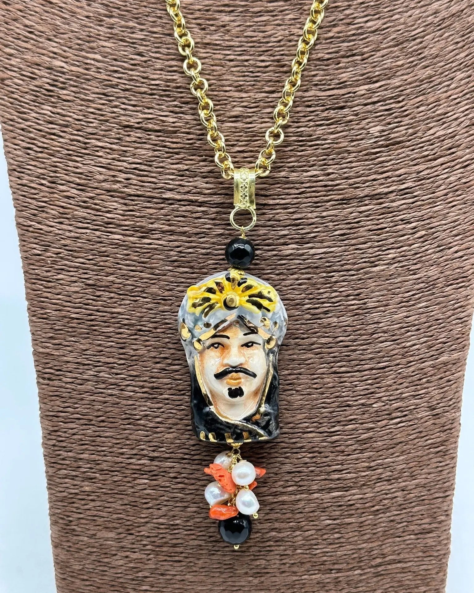 Collana Siciliana Testa di Moro Ceramica di Caltagirone Turbante Celeste Nero - COLLANA