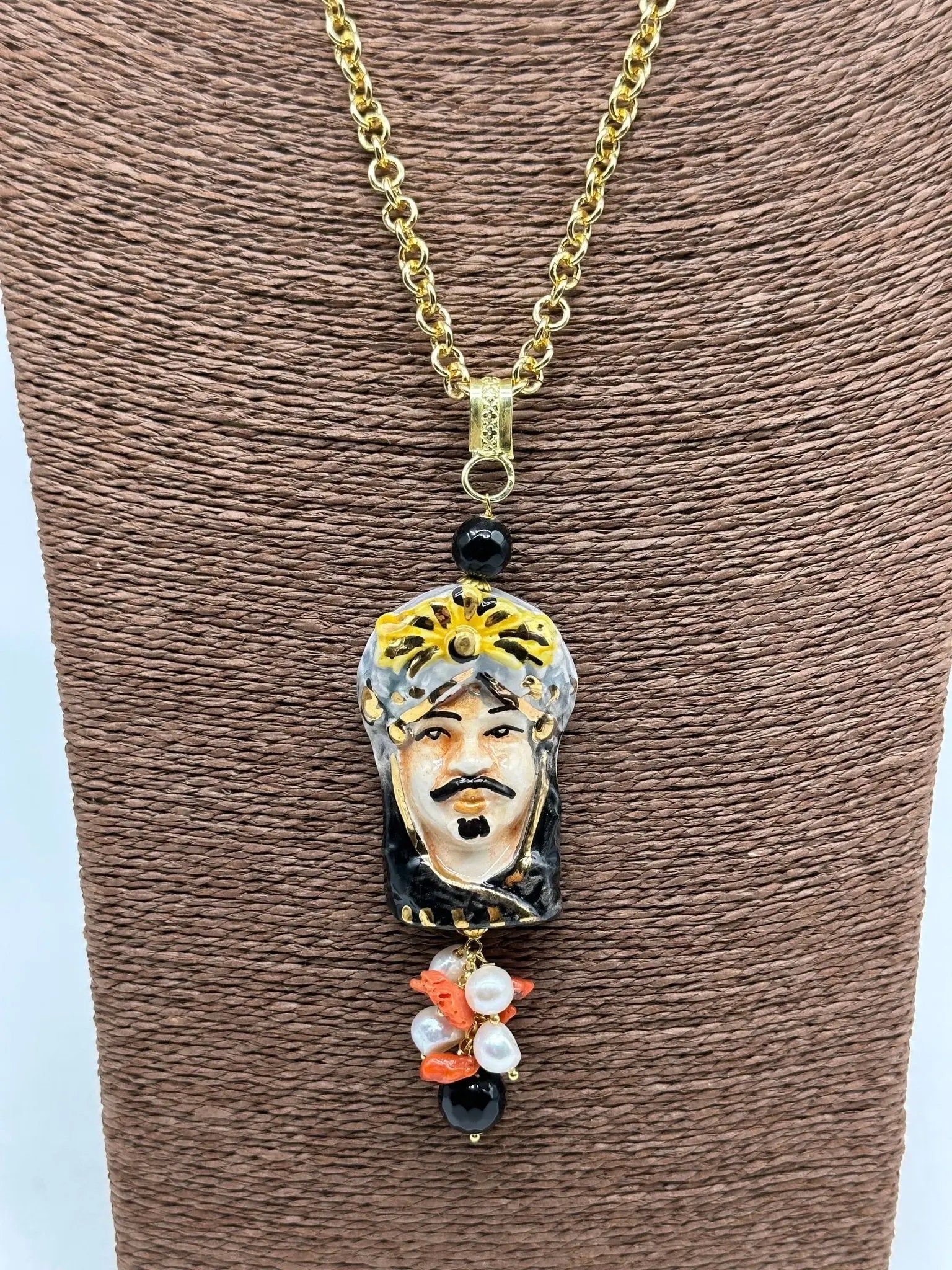 Collana Siciliana Testa di Moro Ceramica di Caltagirone Turbante Celeste Nero - COLLANA