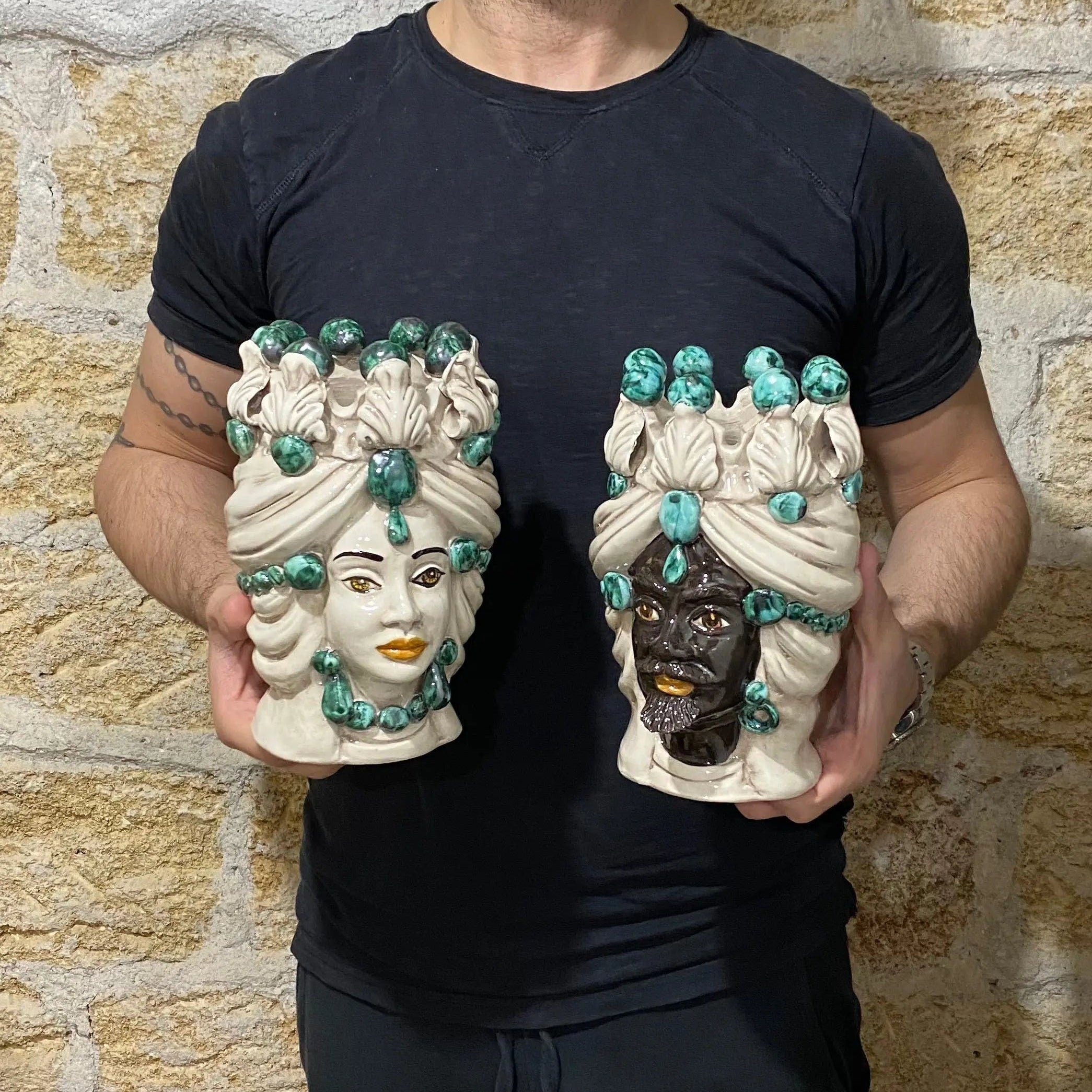 Teste di Moro Corona Sfere Verde Ceramica Caltagirone cm H.20 L.12 Artigianale DD CERAMICHE SICILIANE