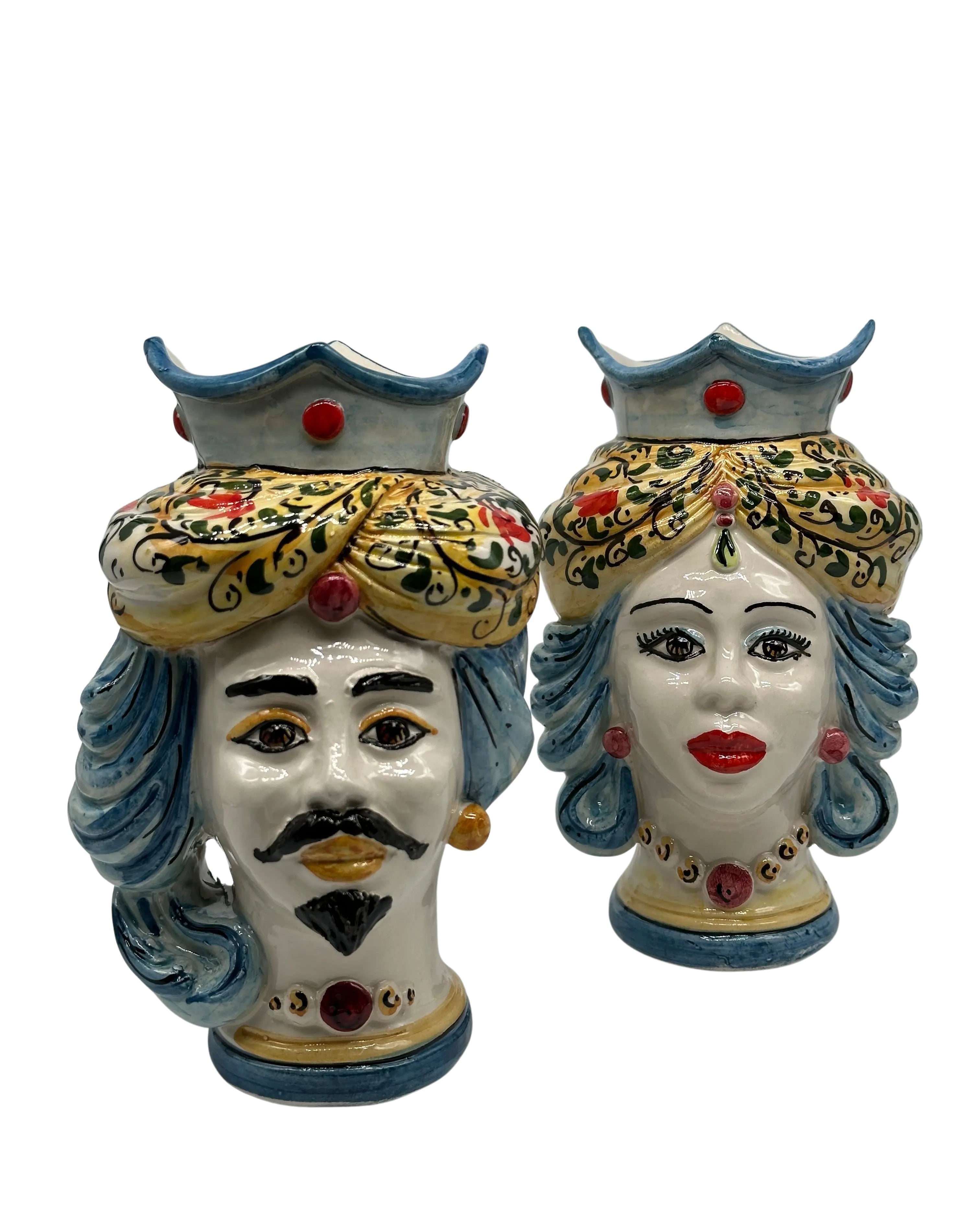 Coppia Teste di Moro DAFNE Ceramica Caltagirone cm H.20 L.12 Artigianale VARI COLORI DD CERAMICHE SICILIANE
