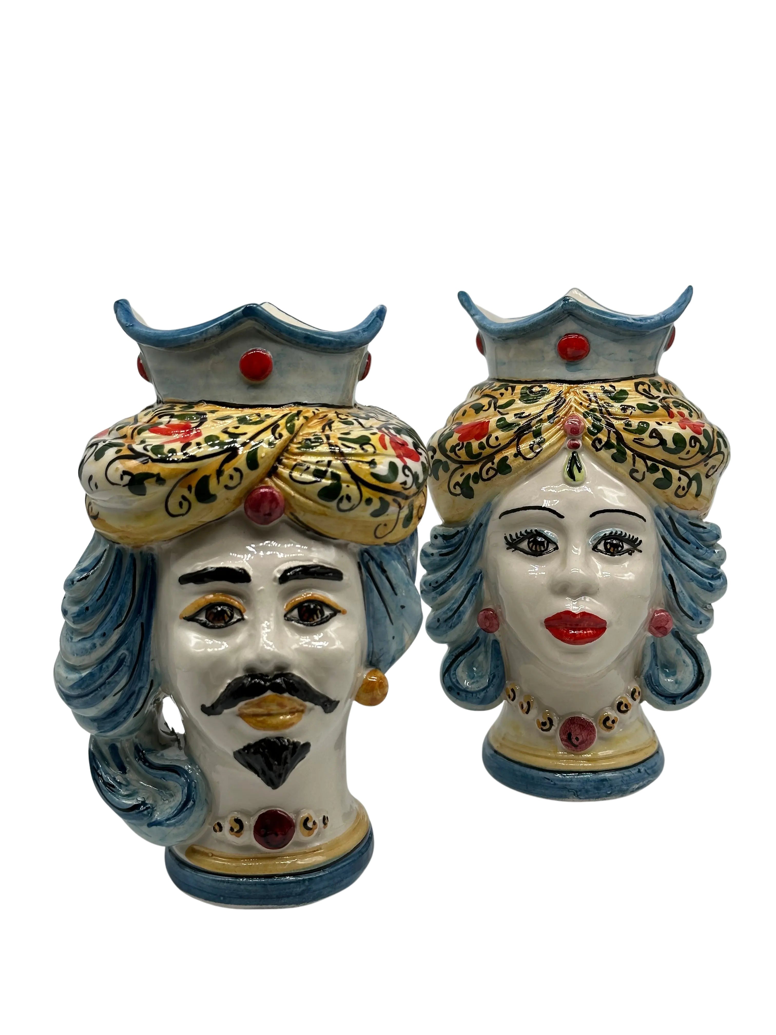 Coppia Teste di Moro DAFNE Ceramica Caltagirone cm H.20 L.12 Artigianale VARI COLORI DD CERAMICHE SICILIANE