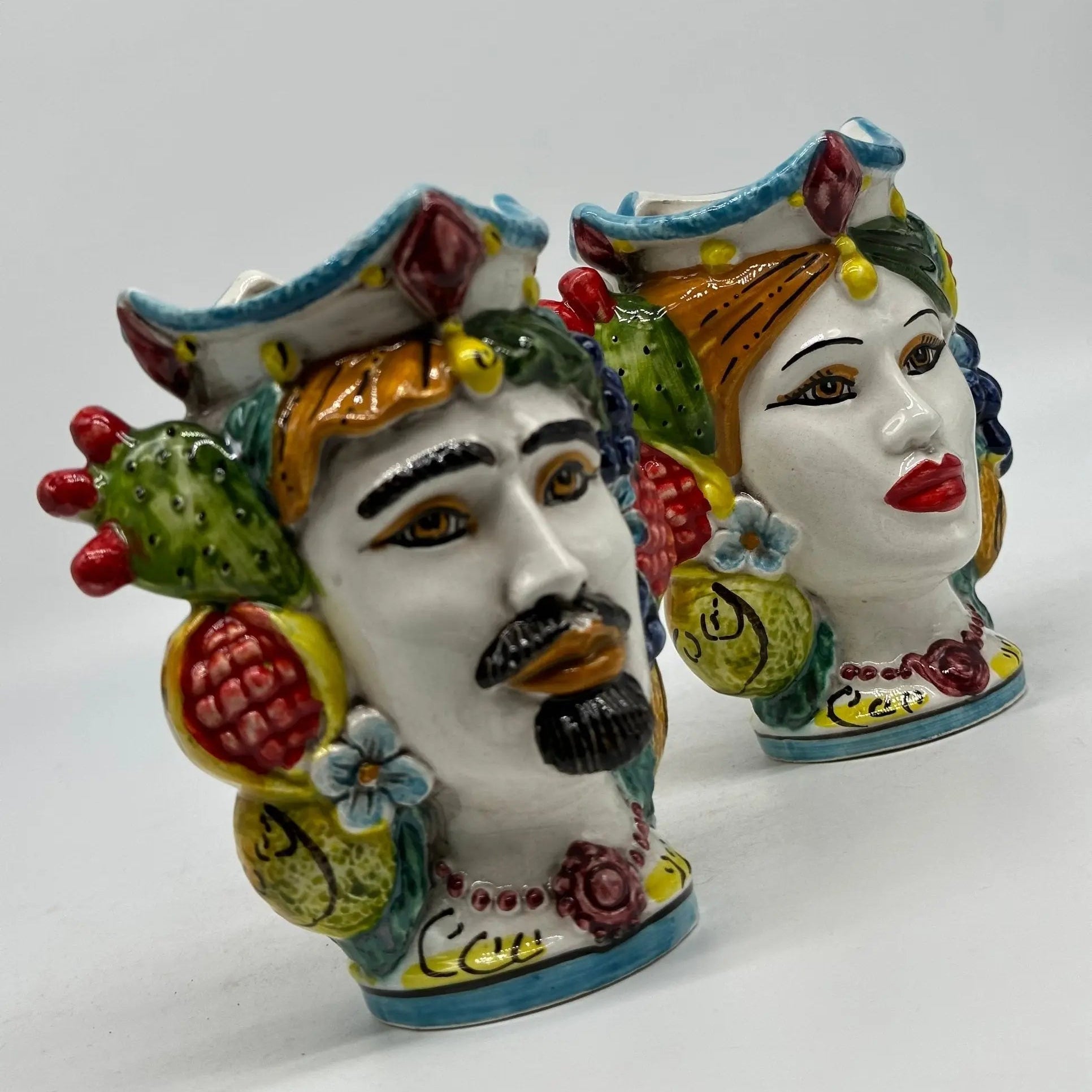 Coppia Teste di Moro Frutta Ceramica Caltagirone cm H.14 L.11 Artigianale - TESTA DI MORO