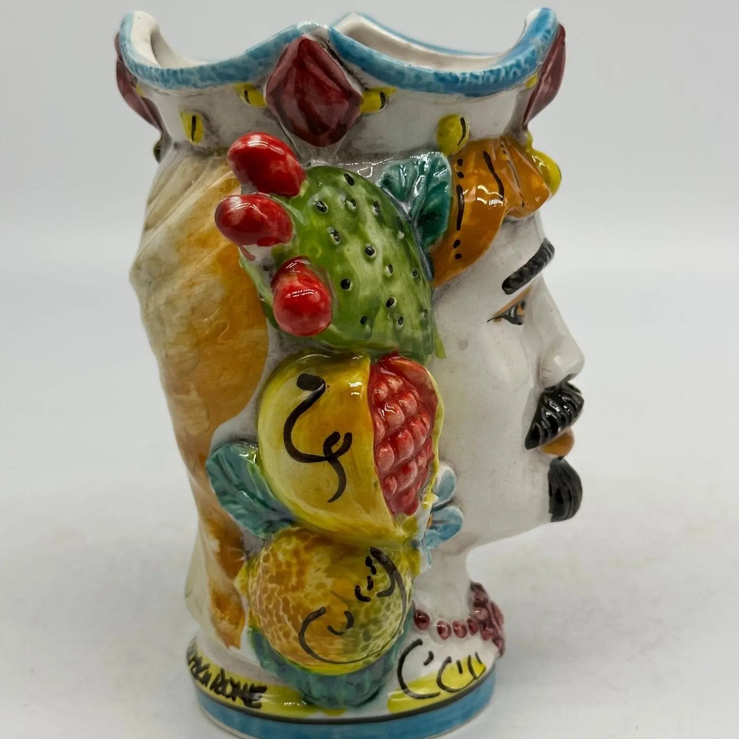 Coppia Teste di Moro Frutta Ceramica Caltagirone cm H.14 L.11 Artigianale - TESTA DI MORO