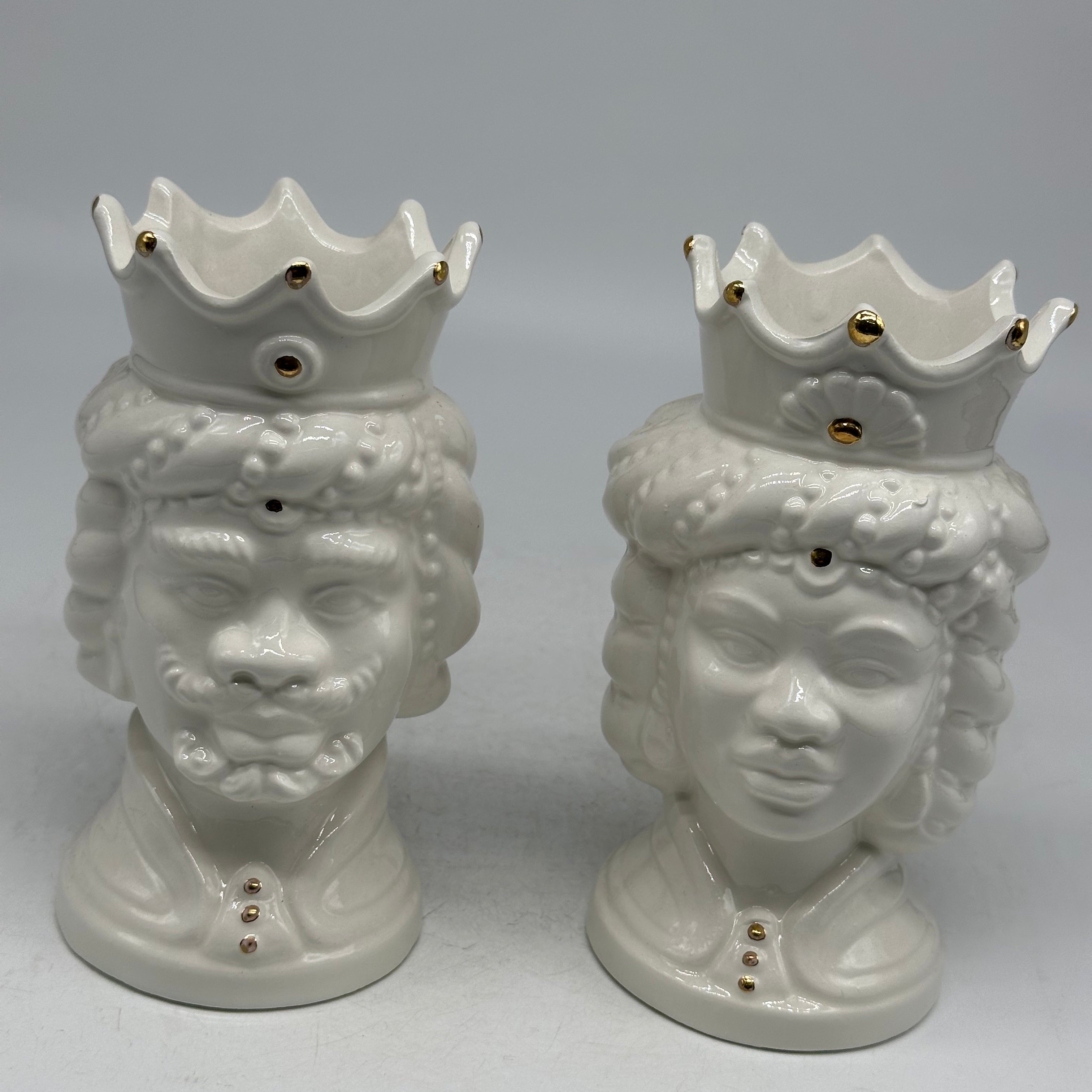 Coppia Teste di Moro Girun Ceramica Caltagirone cm H.14 L.9 Artigianale Bianco Oro - TESTE DI MORO