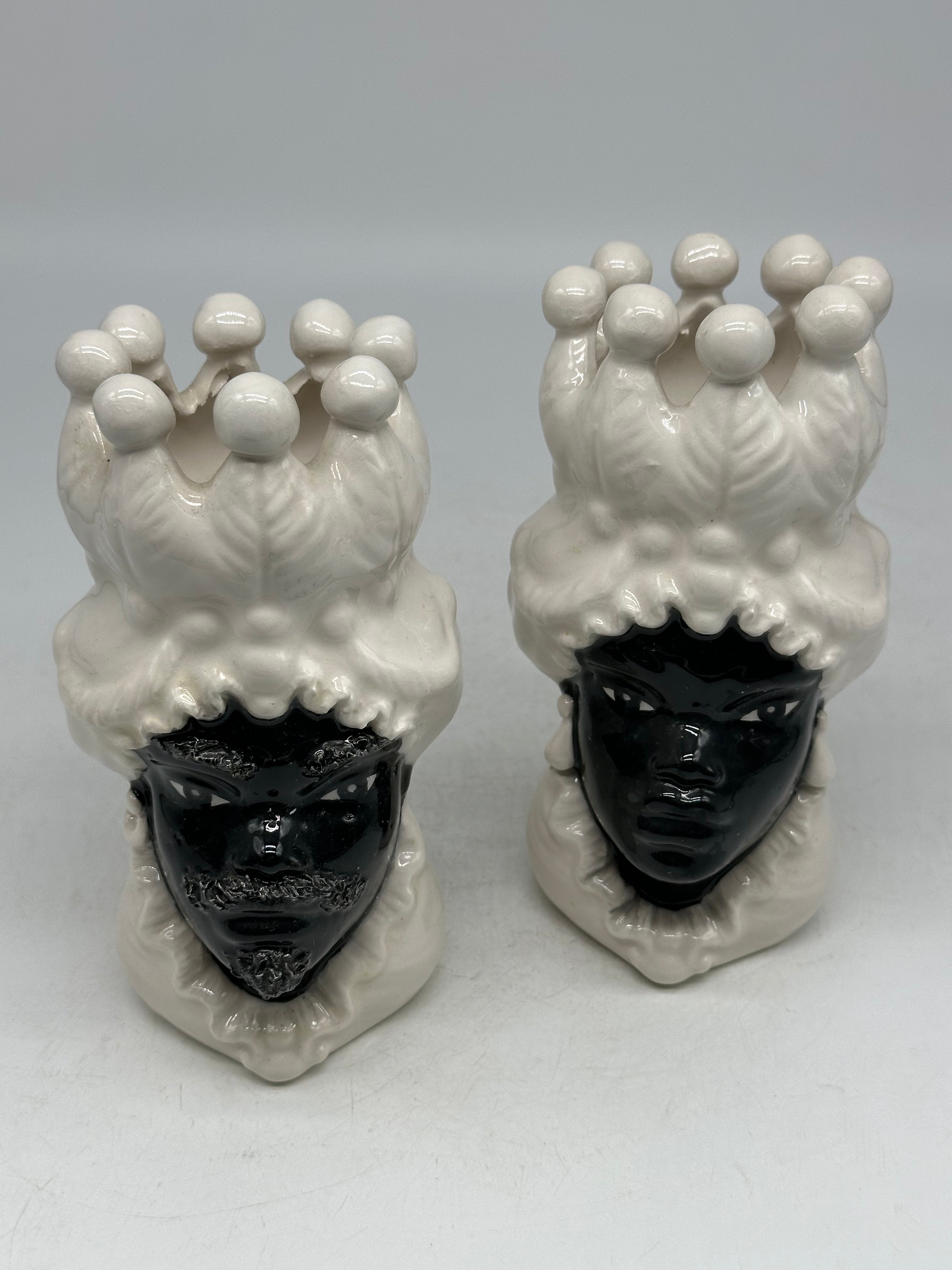 Coppia Teste di Moro Luis Ceramica Caltagirone cm H.17 L.9 Artigianale Bianco Nero - TESTE DI MORO