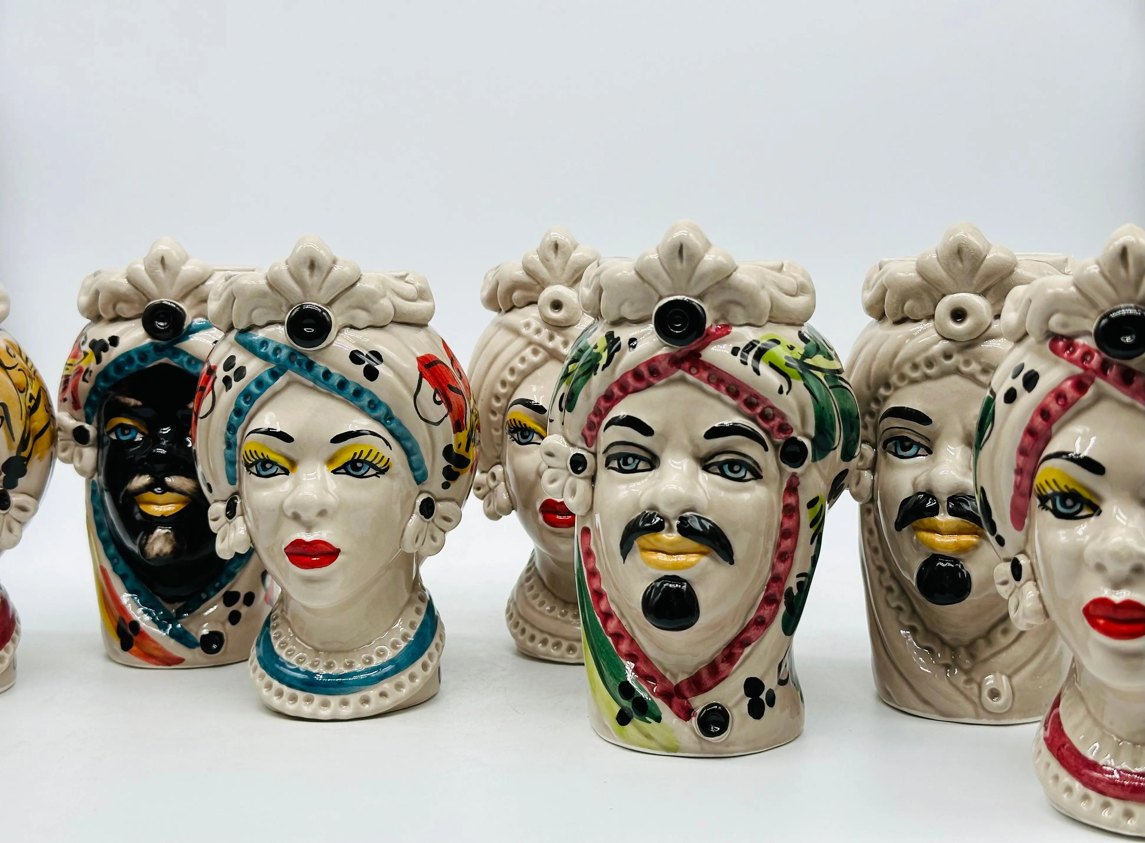 Coppia Teste di Moro Moresca Ceramica Caltagirone cm H.14 L.9 Artigianale VARI COLORI DD CERAMICHE SICILIANE