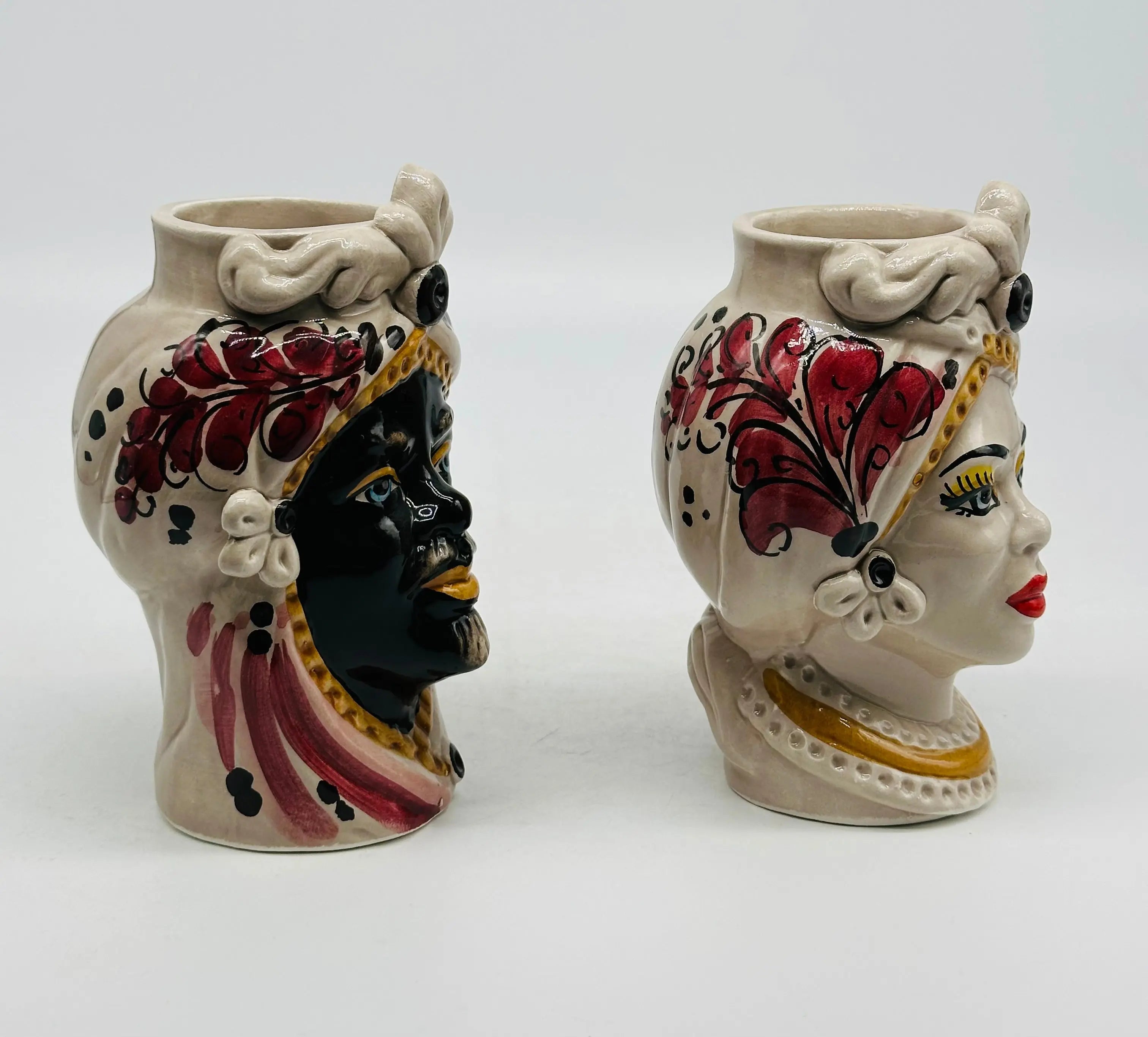 Coppia Teste di Moro Moresca Ceramica Caltagirone cm H.14 L.9 Artigianale VARI COLORI DD CERAMICHE SICILIANE