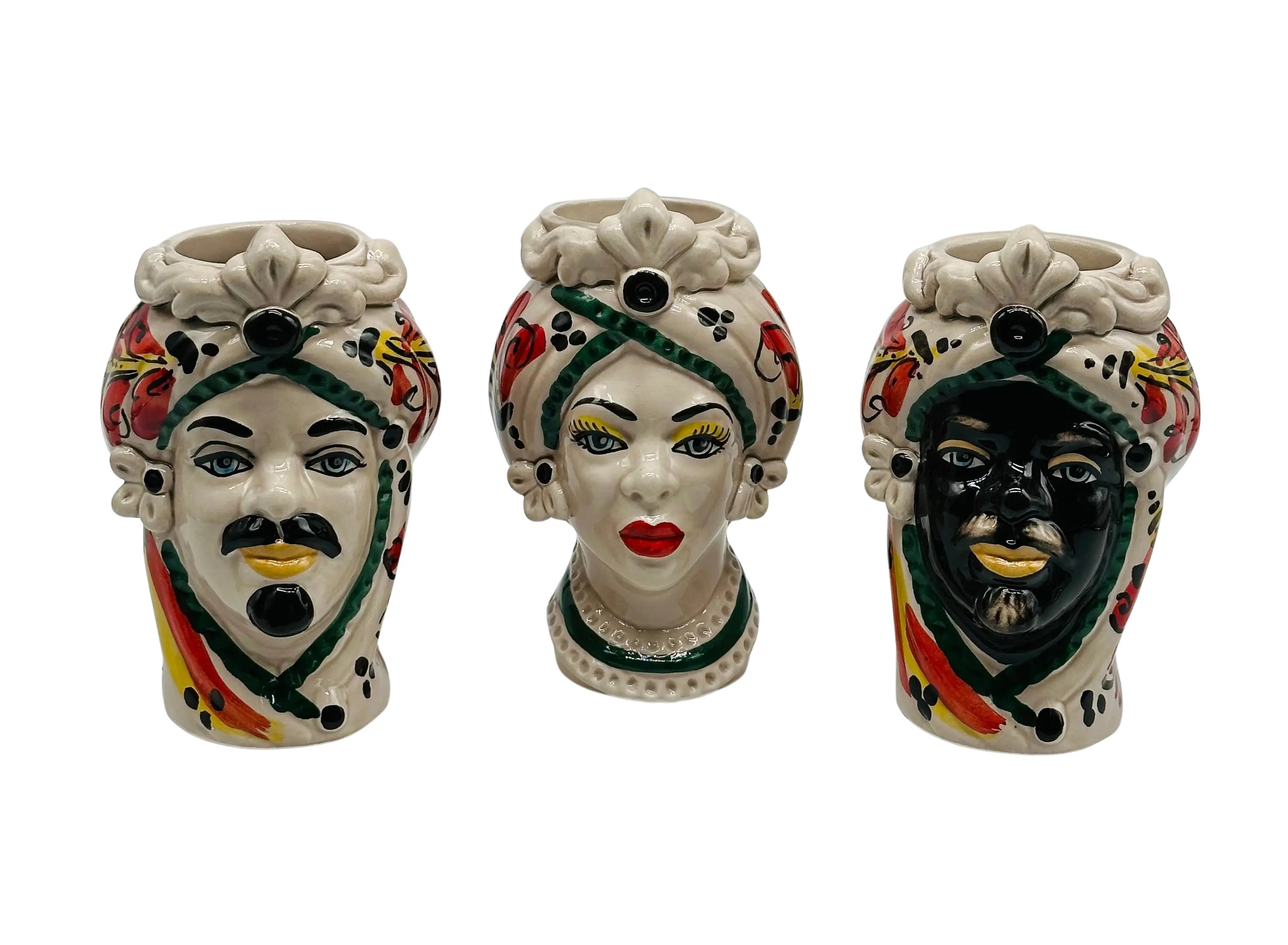 Coppia Teste di Moro Moresca Ceramica Caltagirone cm H.14 L.9 Artigianale VARI COLORI DD CERAMICHE SICILIANE