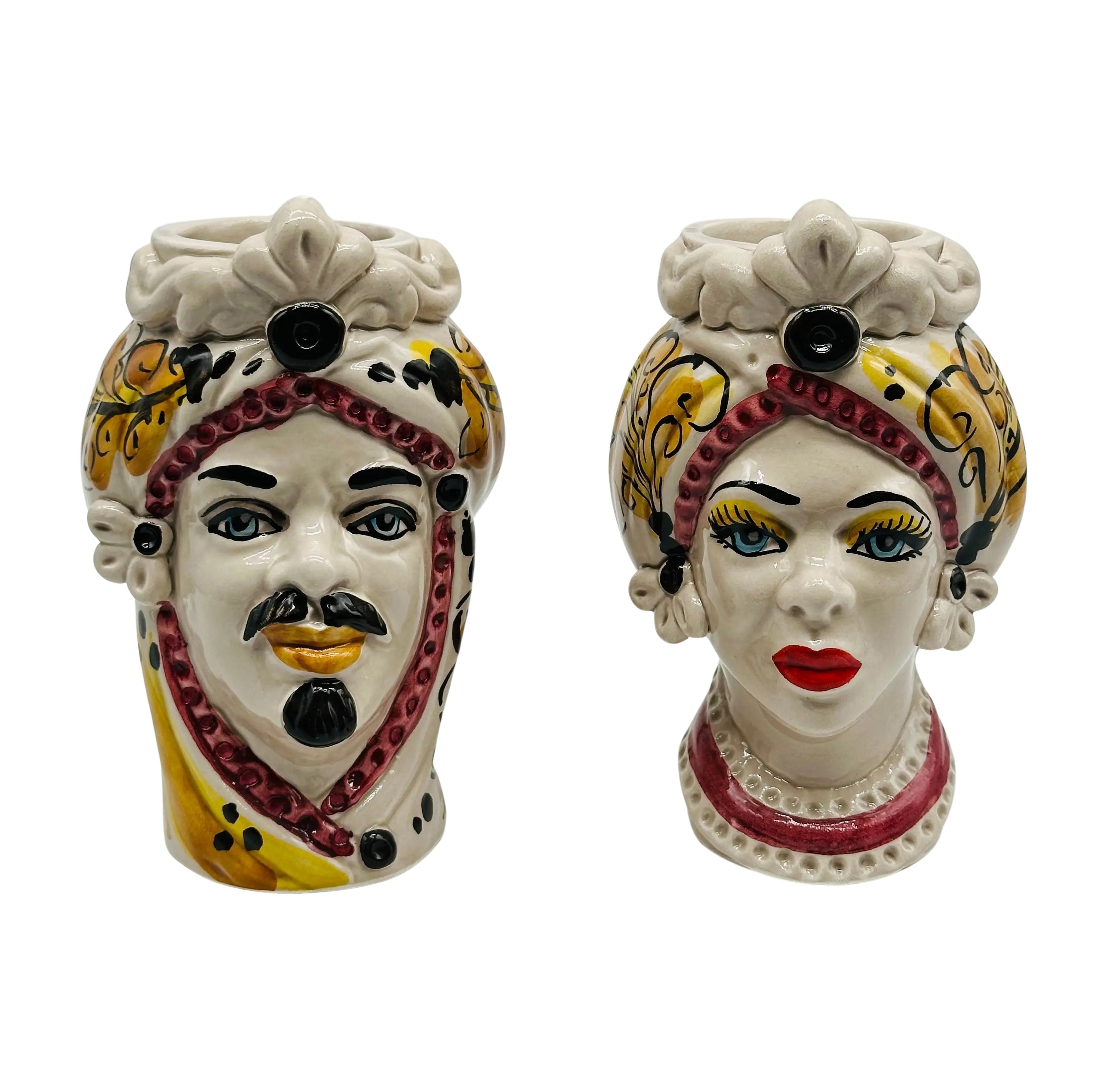 Coppia Teste di Moro Moresca Ceramica Caltagirone cm H.14 L.9 Artigianale VARI COLORI DD CERAMICHE SICILIANE