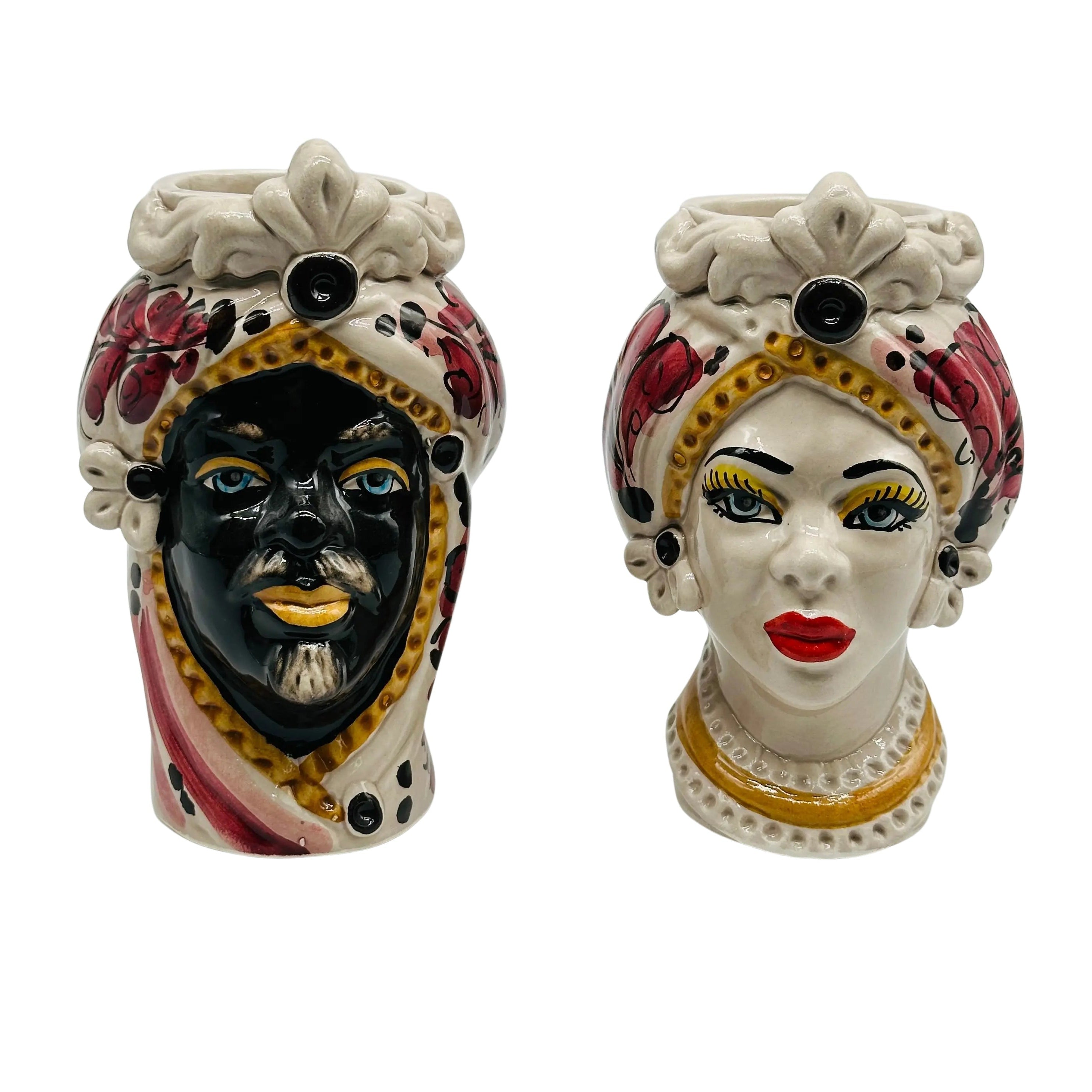 Coppia Teste di Moro Moresca Ceramica Caltagirone cm H.14 L.9 Artigianale VARI COLORI DD CERAMICHE SICILIANE