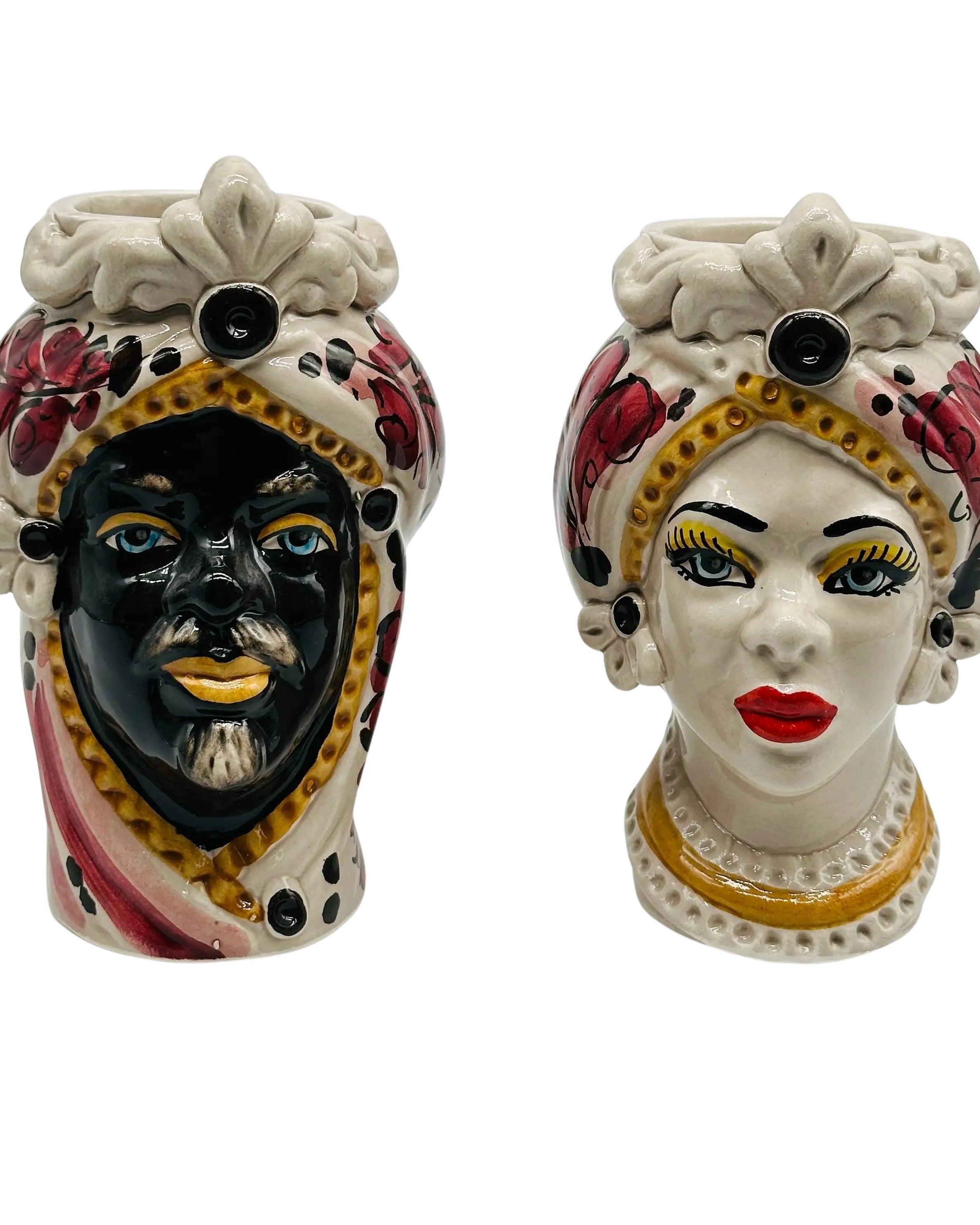 Coppia Teste di Moro Moresca Ceramica Caltagirone cm H.14 L.9 Artigianale VARI COLORI DD CERAMICHE SICILIANE