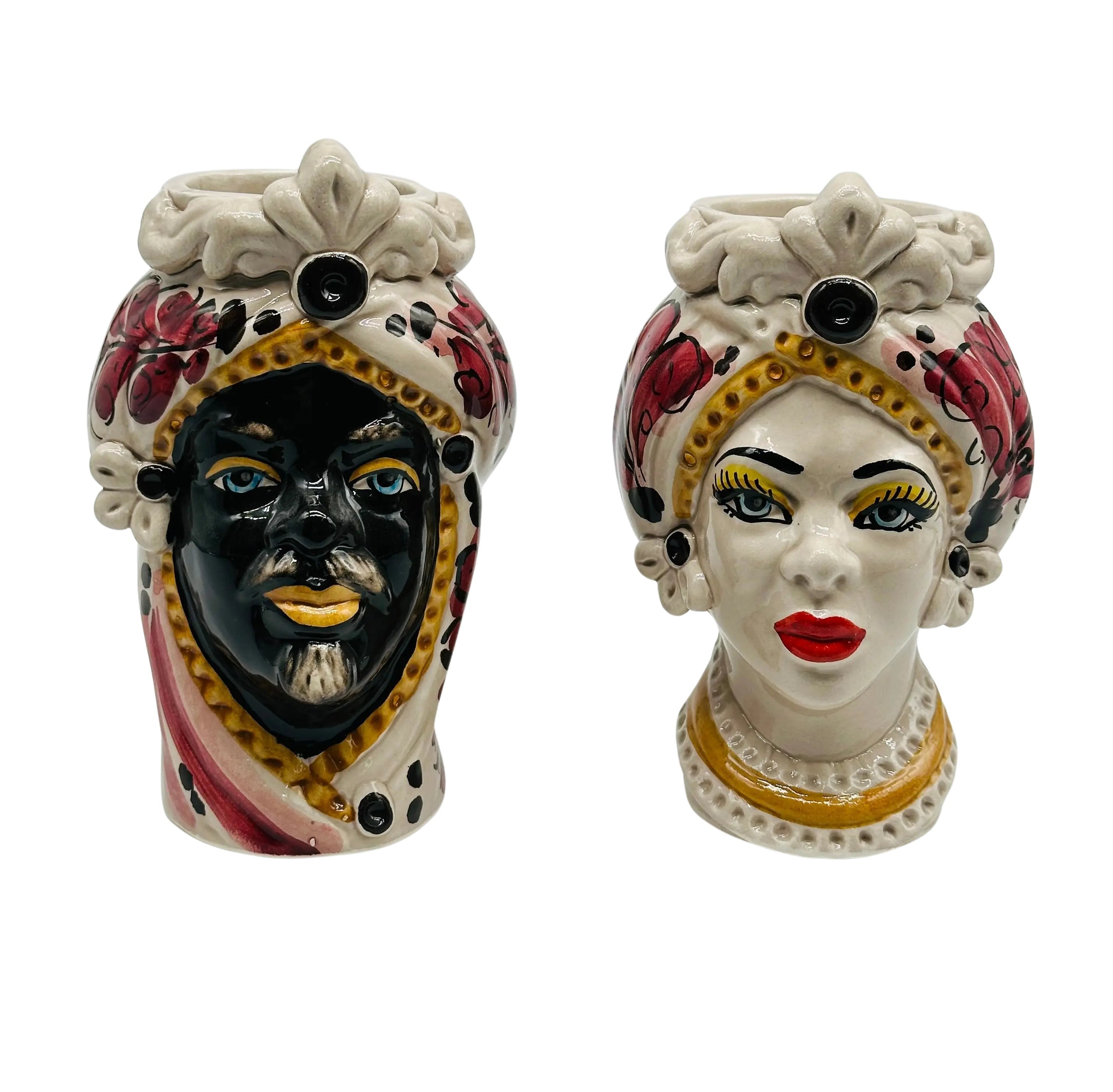 Coppia Teste di Moro Moresca Ceramica Caltagirone cm H.14 L.9 Artigianale VARI COLORI DD CERAMICHE SICILIANE