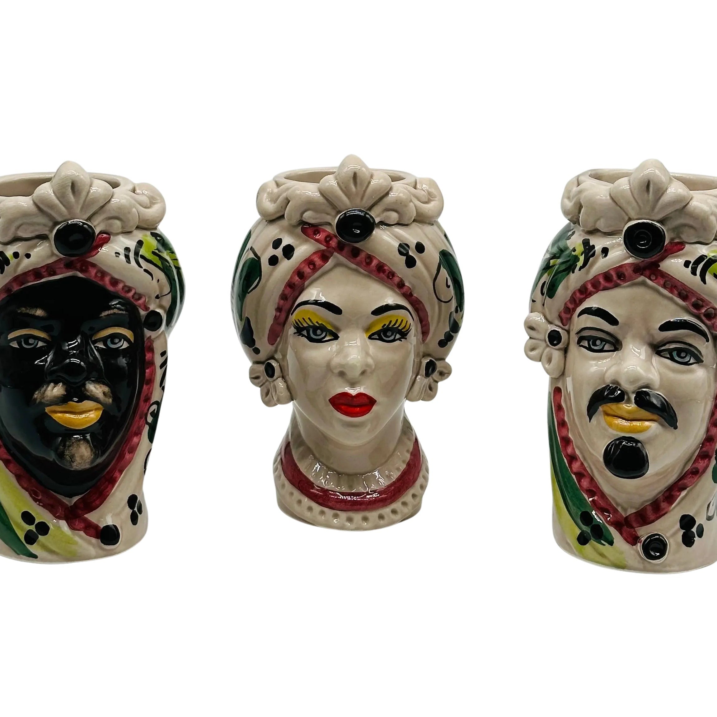 Coppia Teste di Moro Moresca Ceramica Caltagirone cm H.14 L.9 Artigianale VARI COLORI DD CERAMICHE SICILIANE