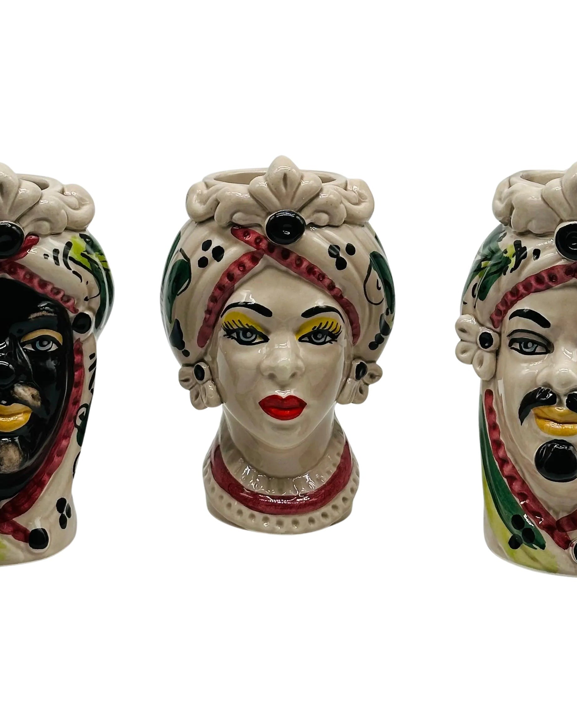 Coppia Teste di Moro Moresca Ceramica Caltagirone cm H.14 L.9 Artigianale VARI COLORI DD CERAMICHE SICILIANE