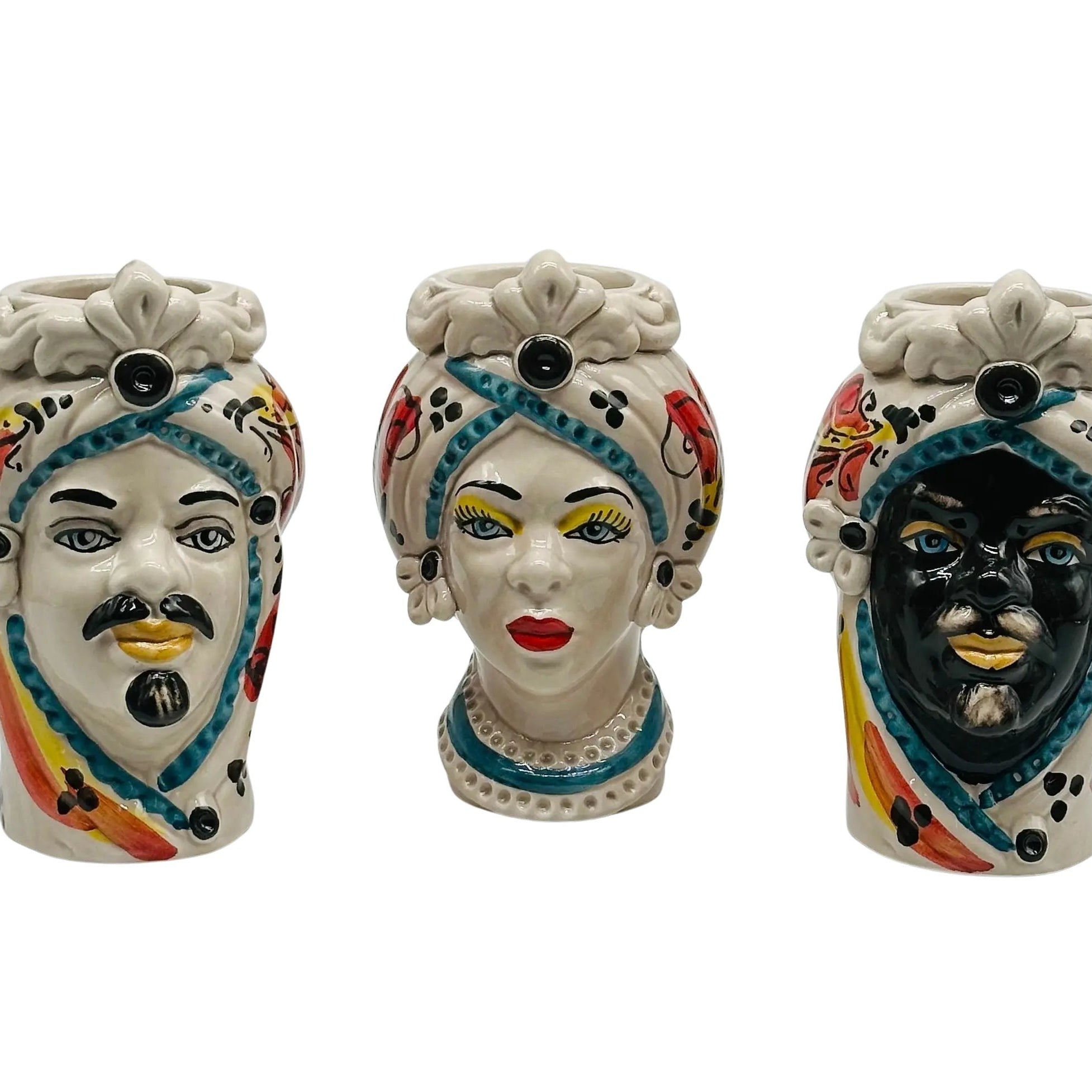 Coppia Teste di Moro Moresca Ceramica Caltagirone cm H.14 L.9 Artigianale VARI COLORI DD CERAMICHE SICILIANE