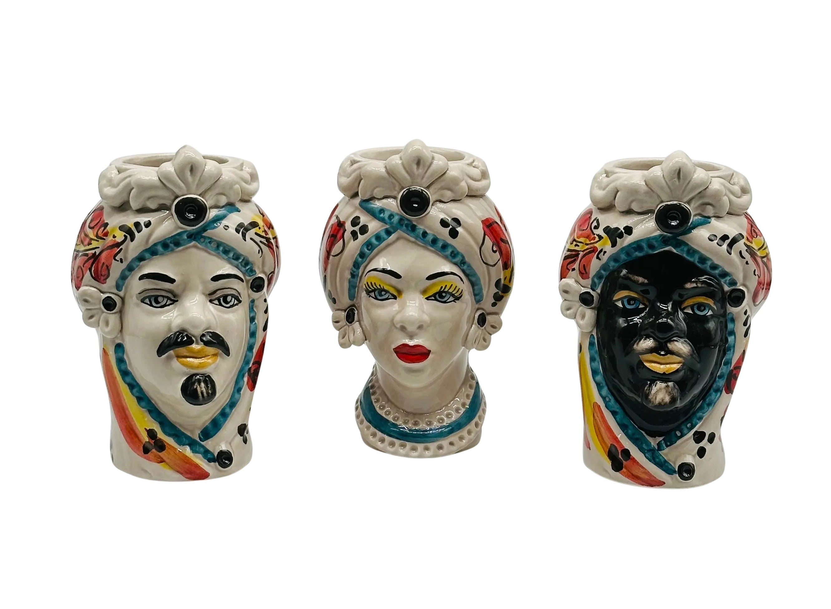 Coppia Teste di Moro Moresca Ceramica Caltagirone cm H.14 L.9 Artigianale VARI COLORI DD CERAMICHE SICILIANE