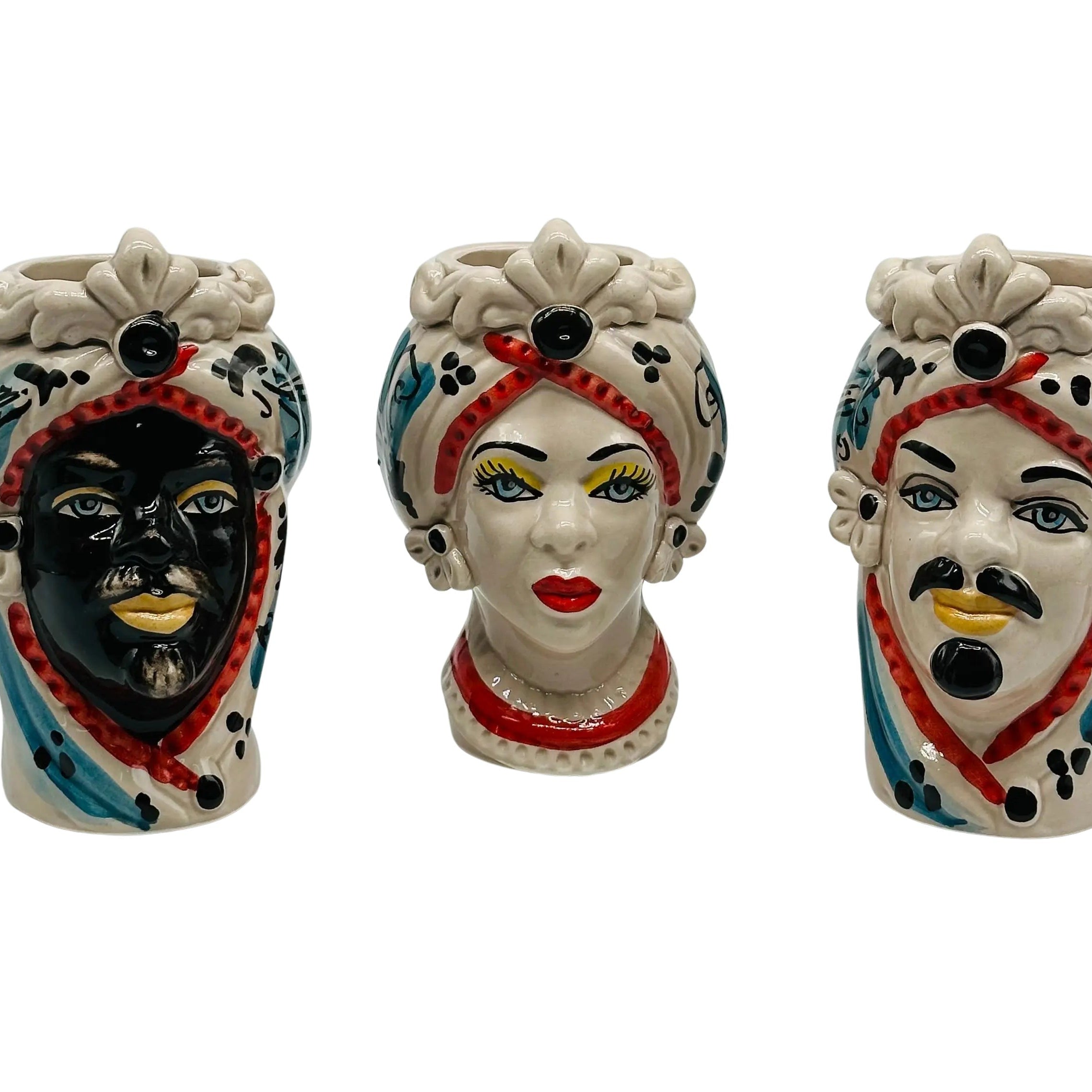 Coppia Teste di Moro Moresca Ceramica Caltagirone cm H.14 L.9 Artigianale VARI COLORI DD CERAMICHE SICILIANE