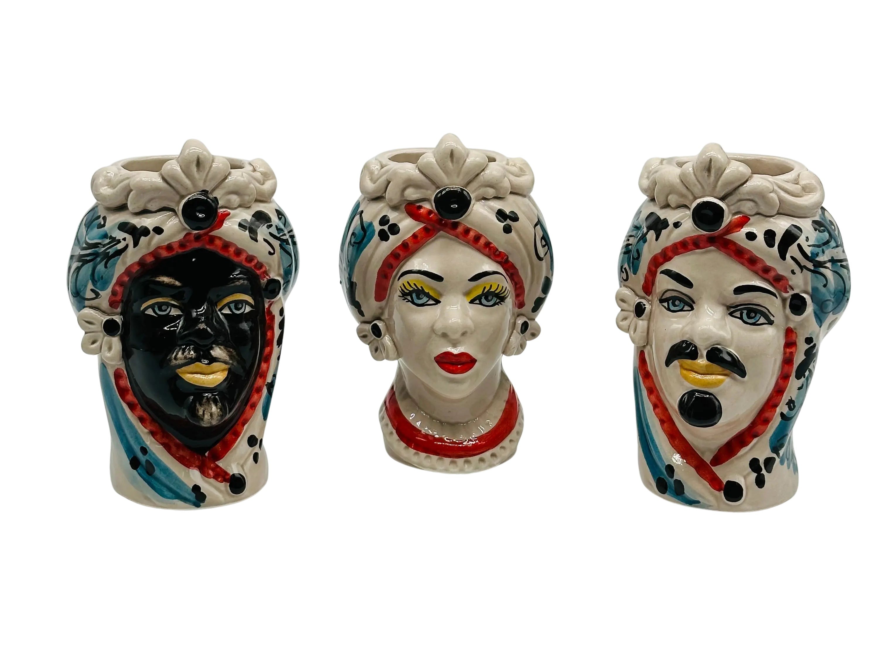 Coppia Teste di Moro Moresca Ceramica Caltagirone cm H.14 L.9 Artigianale VARI COLORI DD CERAMICHE SICILIANE