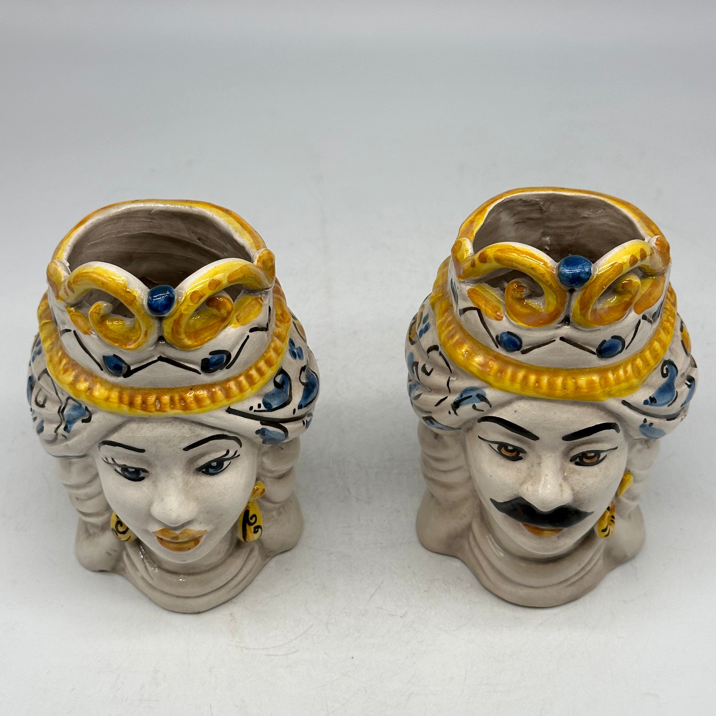 Coppia Teste di Moro Seicento Blu cm H.15 L.10 Ceramica Caltagirone Artigianale - TESTE DI MORO