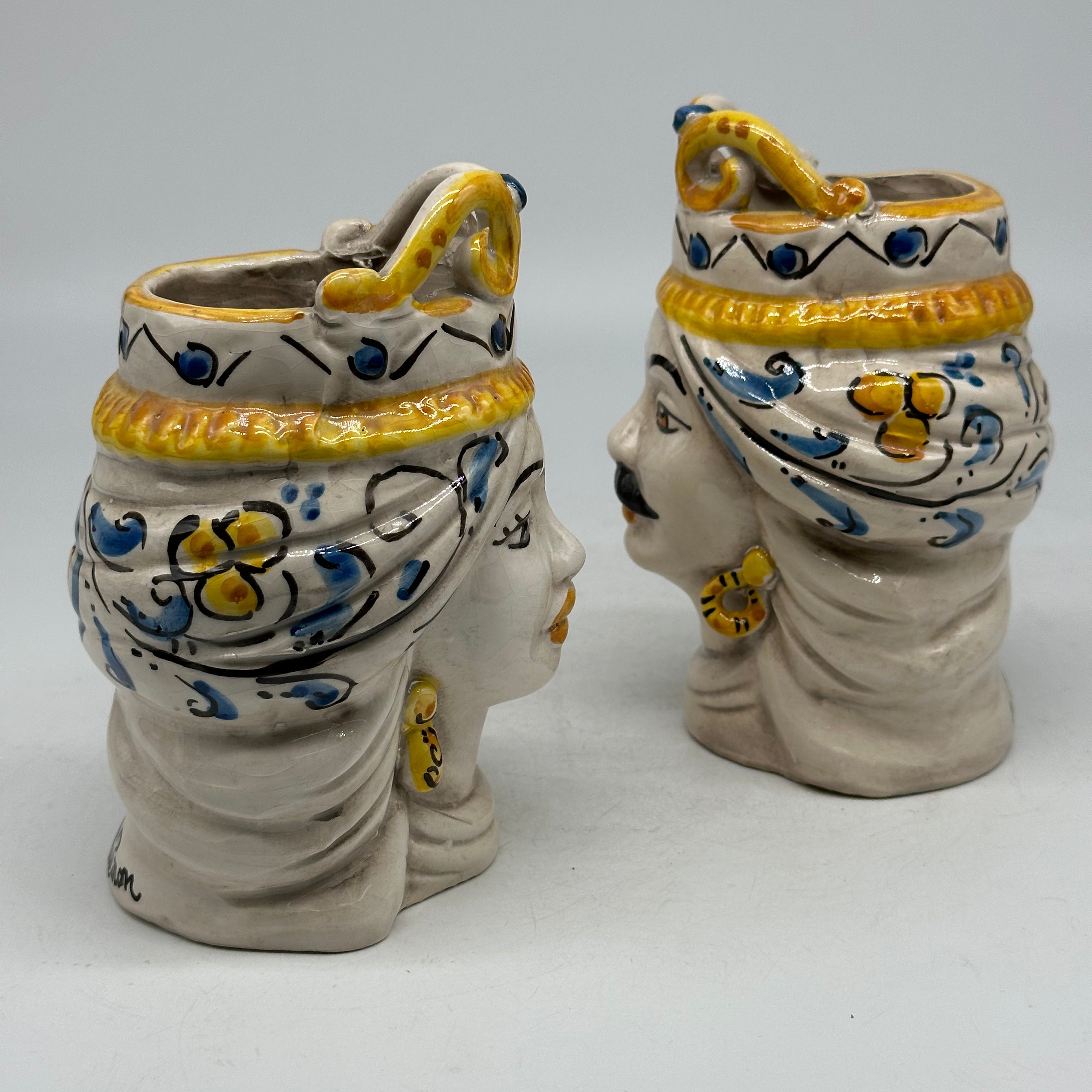 Coppia Teste di Moro Seicento Blu cm H.15 L.10 Ceramica Caltagirone Artigianale - TESTE DI MORO