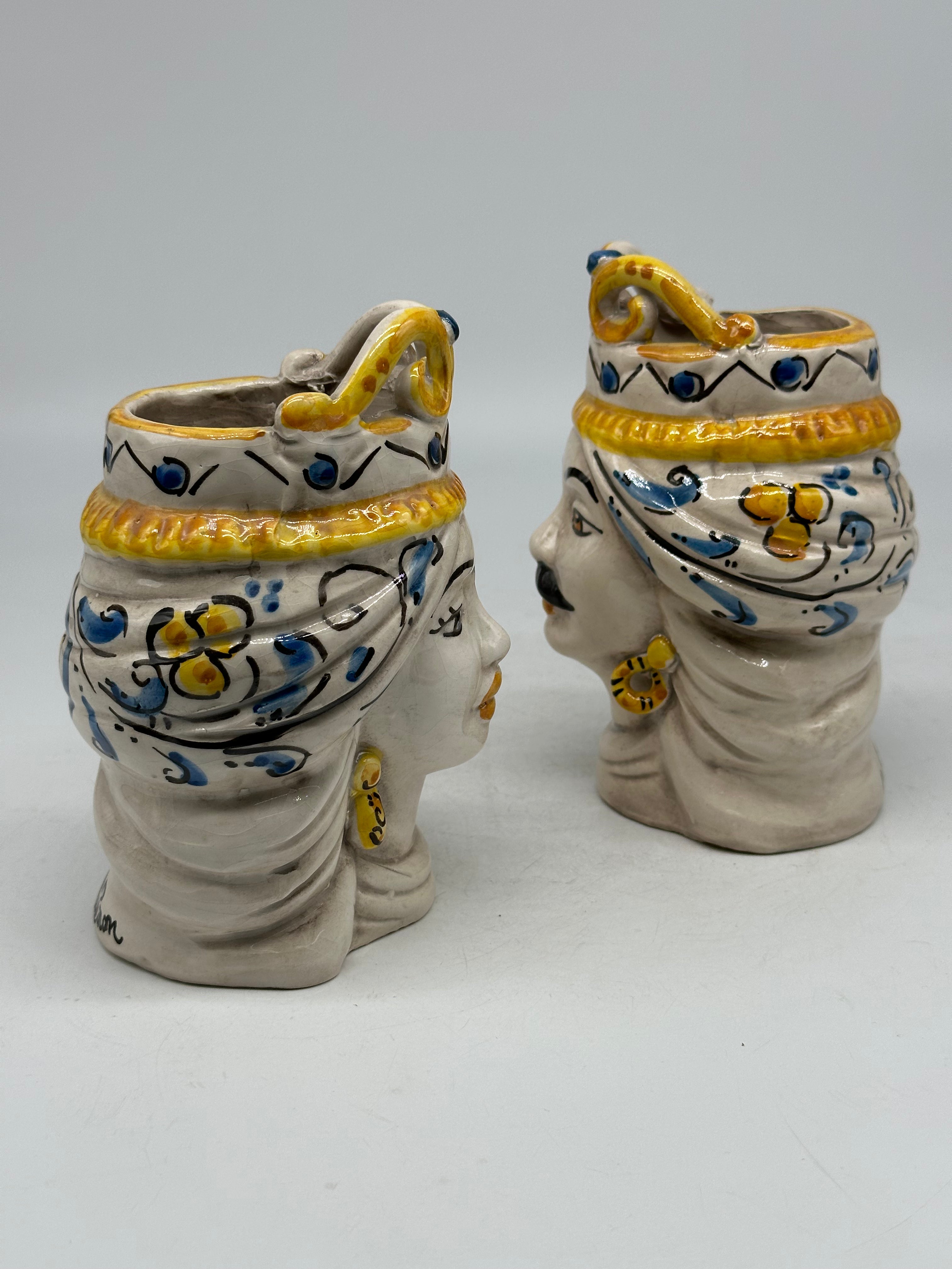 Coppia Teste di Moro Seicento Blu cm H.15 L.10 Ceramica Caltagirone Artigianale - TESTE DI MORO