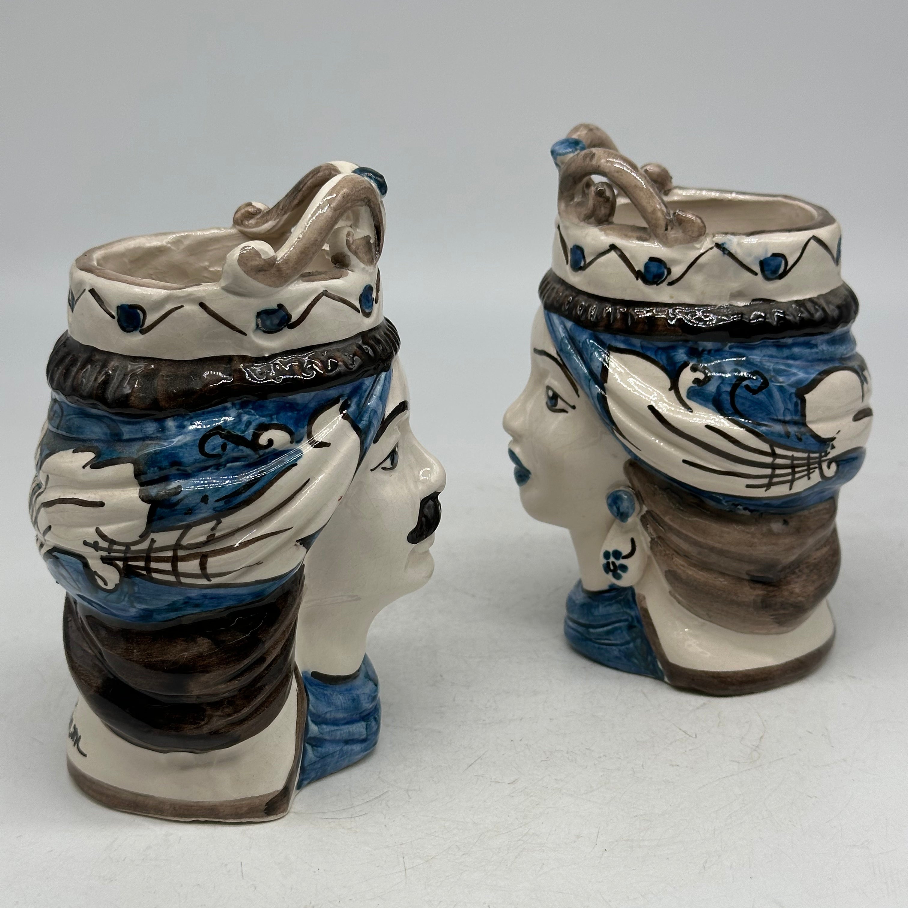 Coppia Teste di Moro Seicento Blu V.2 cm H.15 L.10 Ceramica Caltagirone Artigianale - TESTE DI MORO