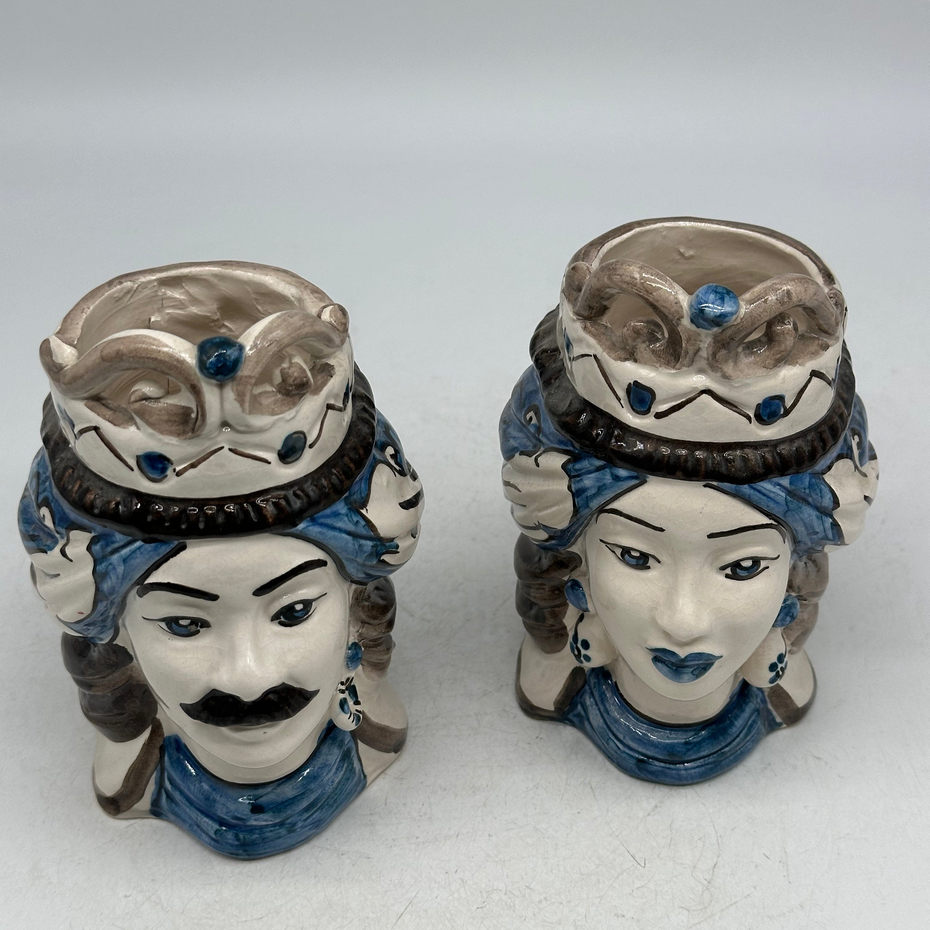 Coppia Teste di Moro Seicento Blu V.2 cm H.15 L.10 Ceramica Caltagirone Artigianale - TESTE DI MORO