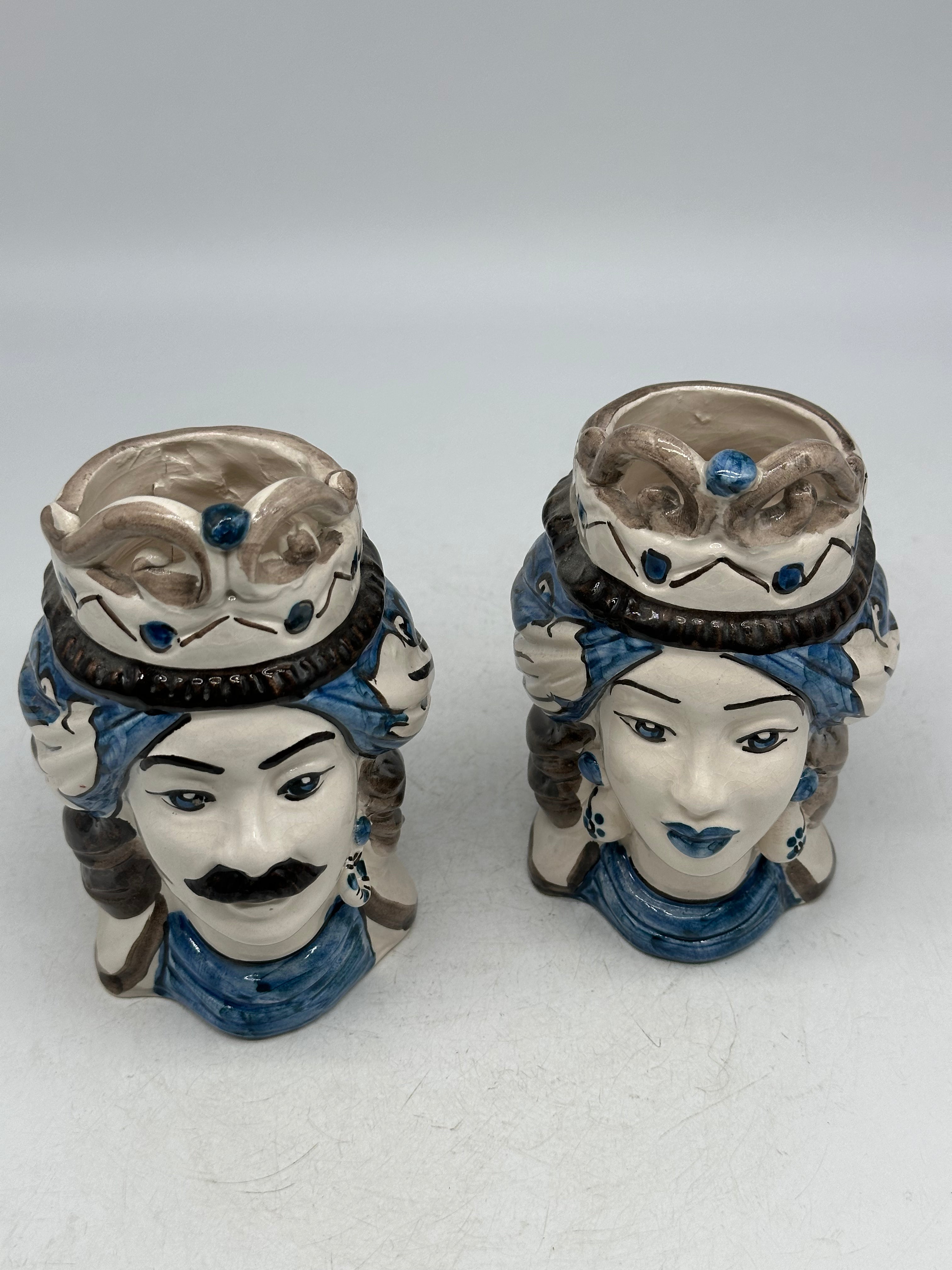 Coppia Teste di Moro Seicento Blu V.2 cm H.15 L.10 Ceramica Caltagirone Artigianale - TESTE DI MORO