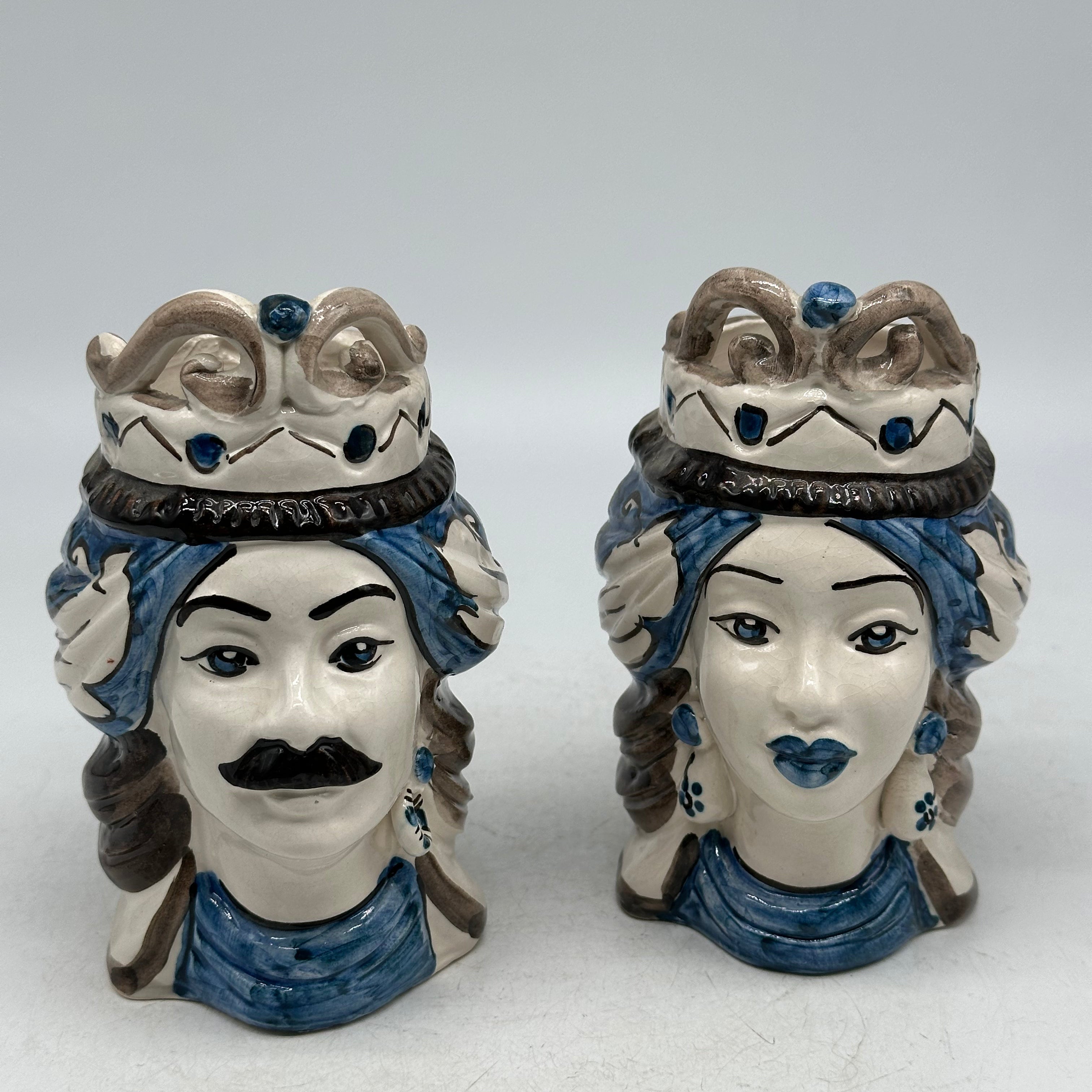 Coppia Teste di Moro Seicento Blu V.2 cm H.15 L.10 Ceramica Caltagirone Artigianale - TESTE DI MORO
