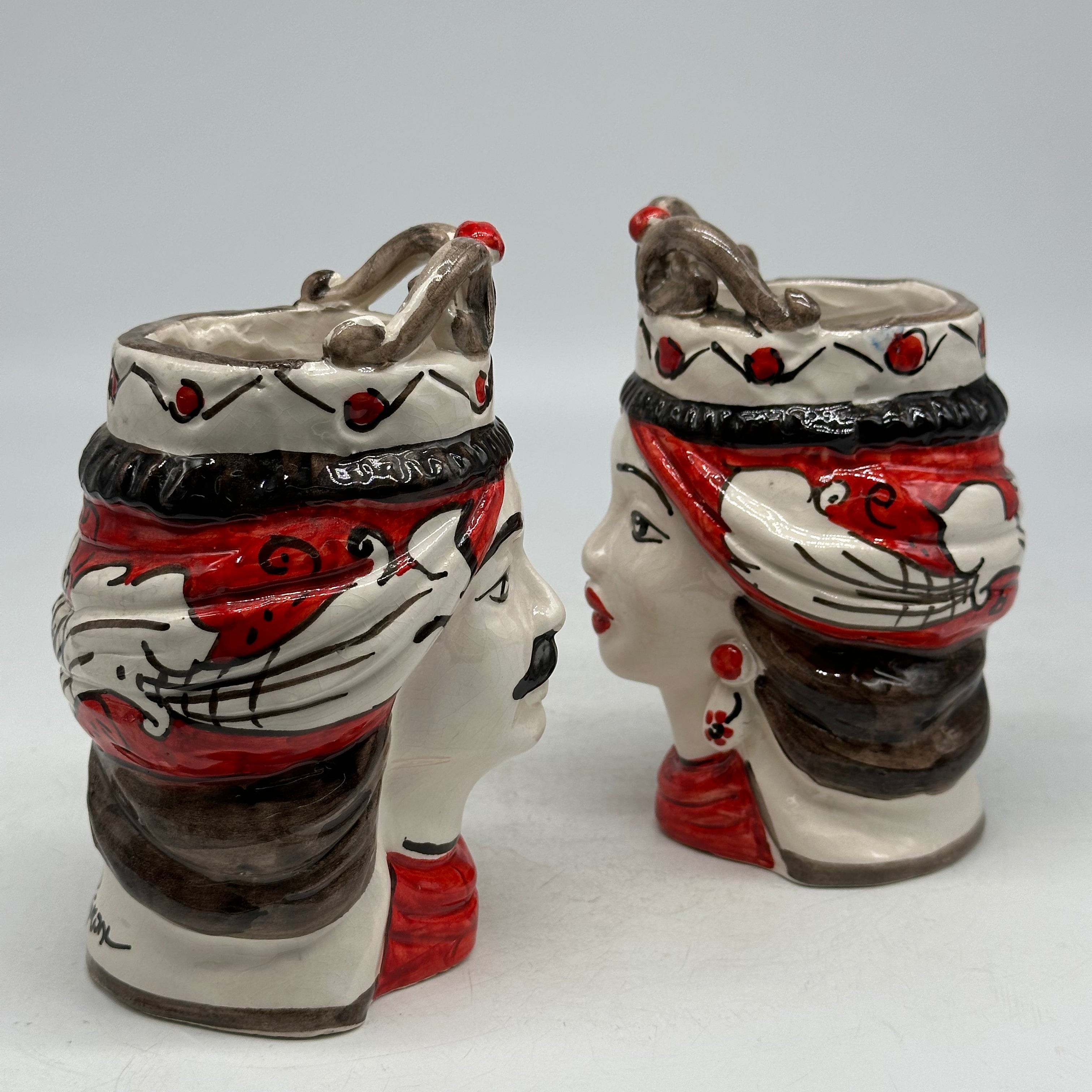 Coppia Teste di Moro Seicento Rosso V.2 cm H.15 L.10 Ceramica Caltagirone Artigianale - TESTE DI MORO