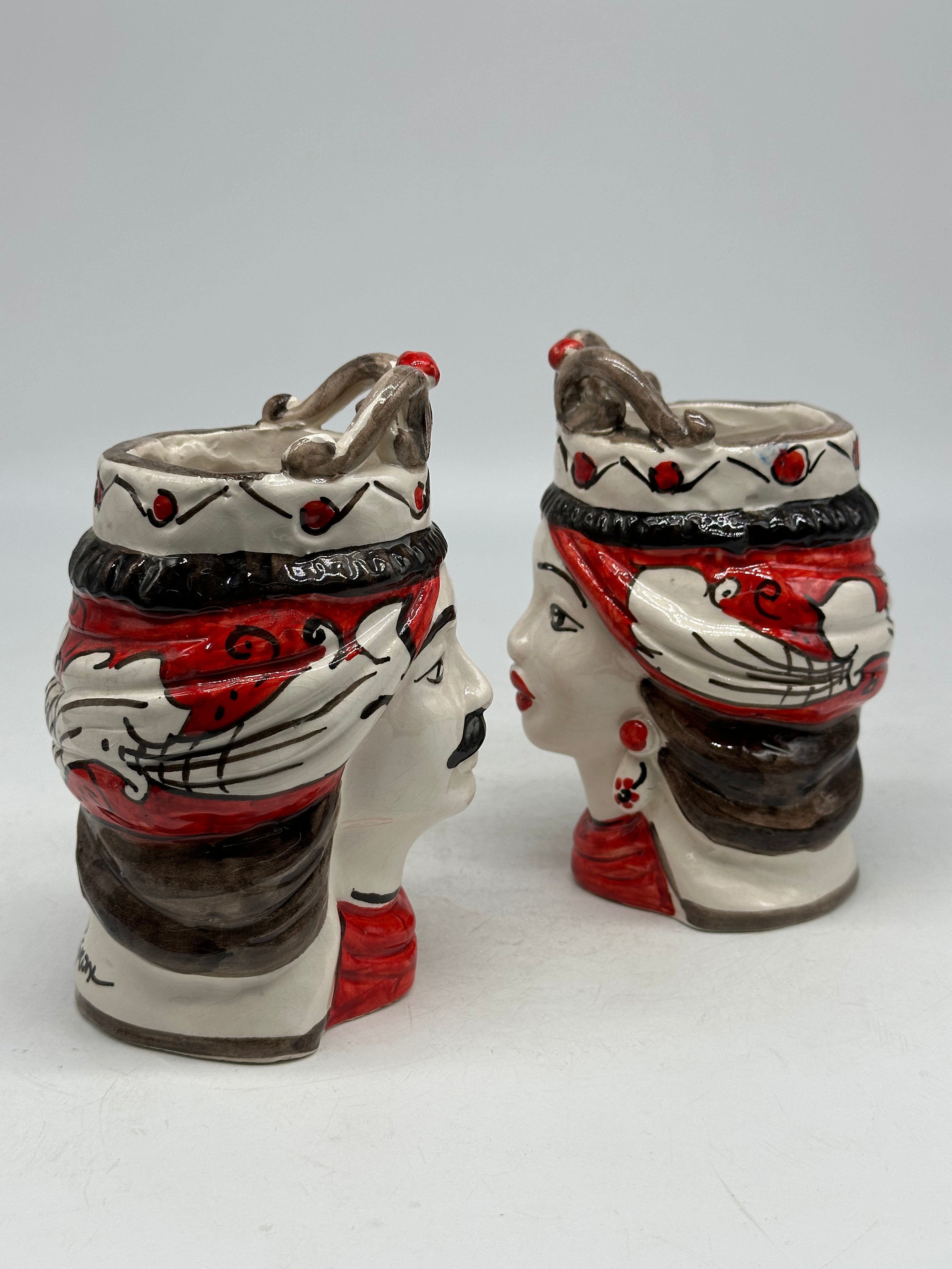 Coppia Teste di Moro Seicento Rosso V.2 cm H.15 L.10 Ceramica Caltagirone Artigianale - TESTE DI MORO