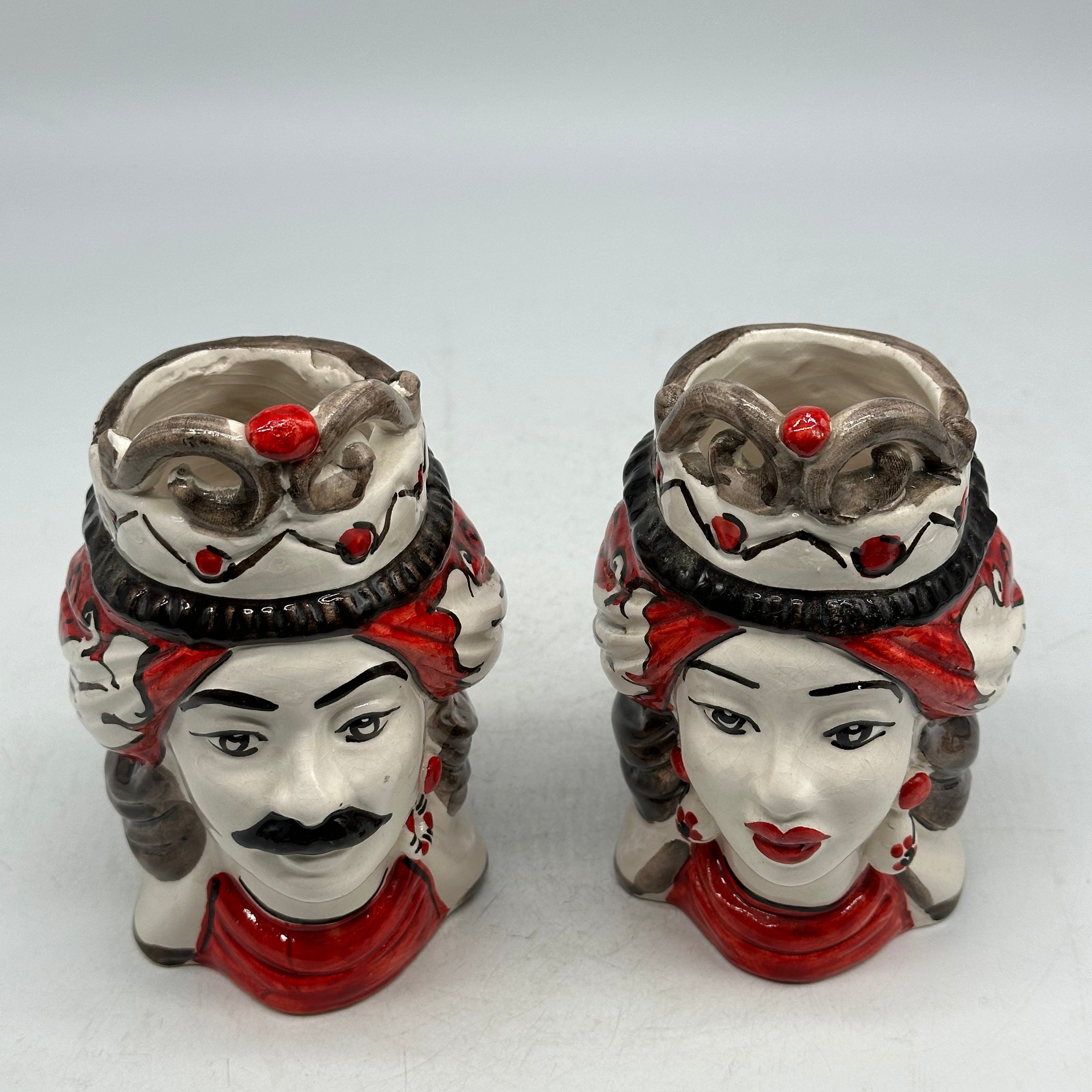 Coppia Teste di Moro Seicento Rosso V.2 cm H.15 L.10 Ceramica Caltagirone Artigianale - TESTE DI MORO