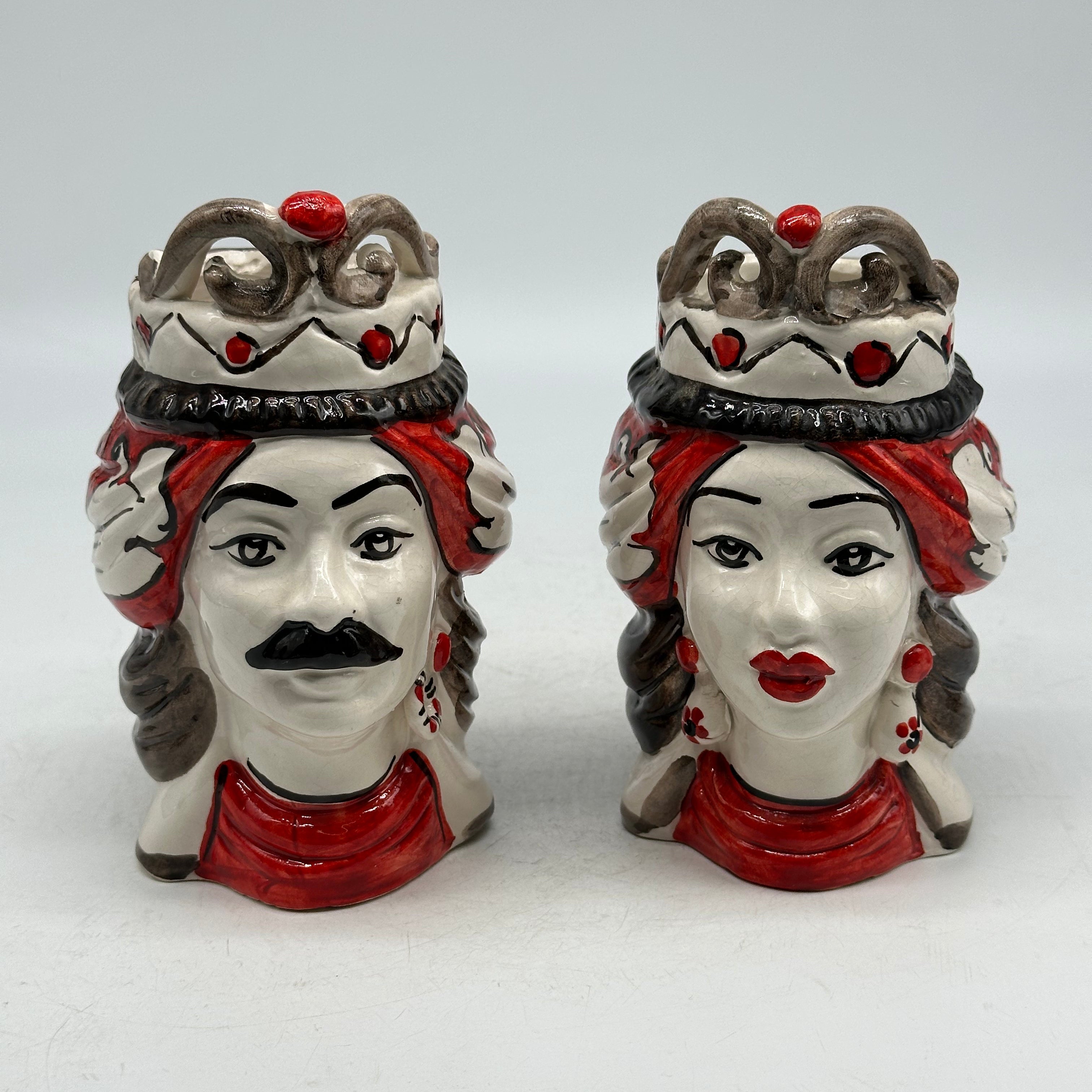 Coppia Teste di Moro Seicento Rosso V.2 cm H.15 L.10 Ceramica Caltagirone Artigianale - TESTE DI MORO