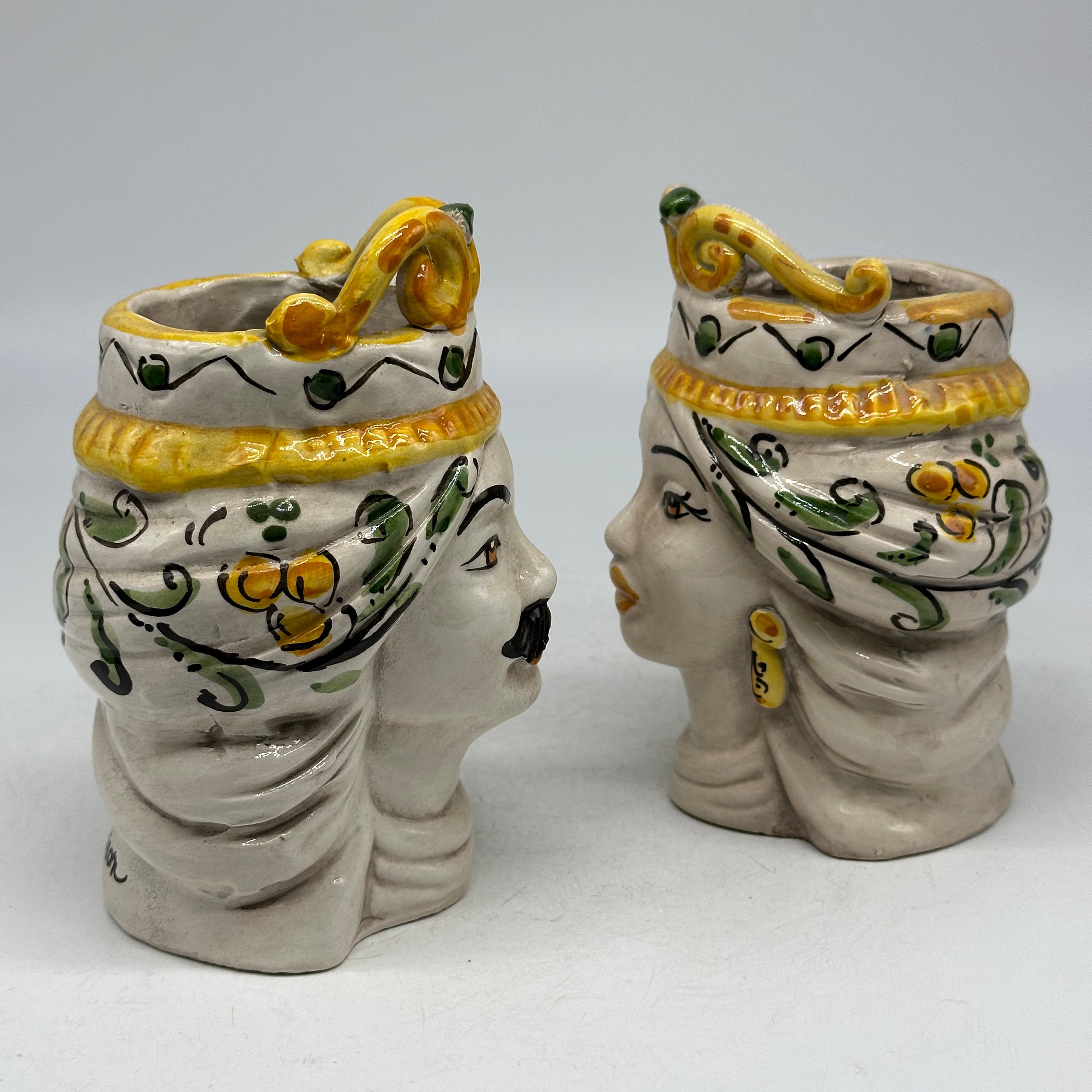 Coppia Teste di Moro Seicento Verde cm H.15 L.10 Ceramica Caltagirone Artigianale - TESTE DI MORO