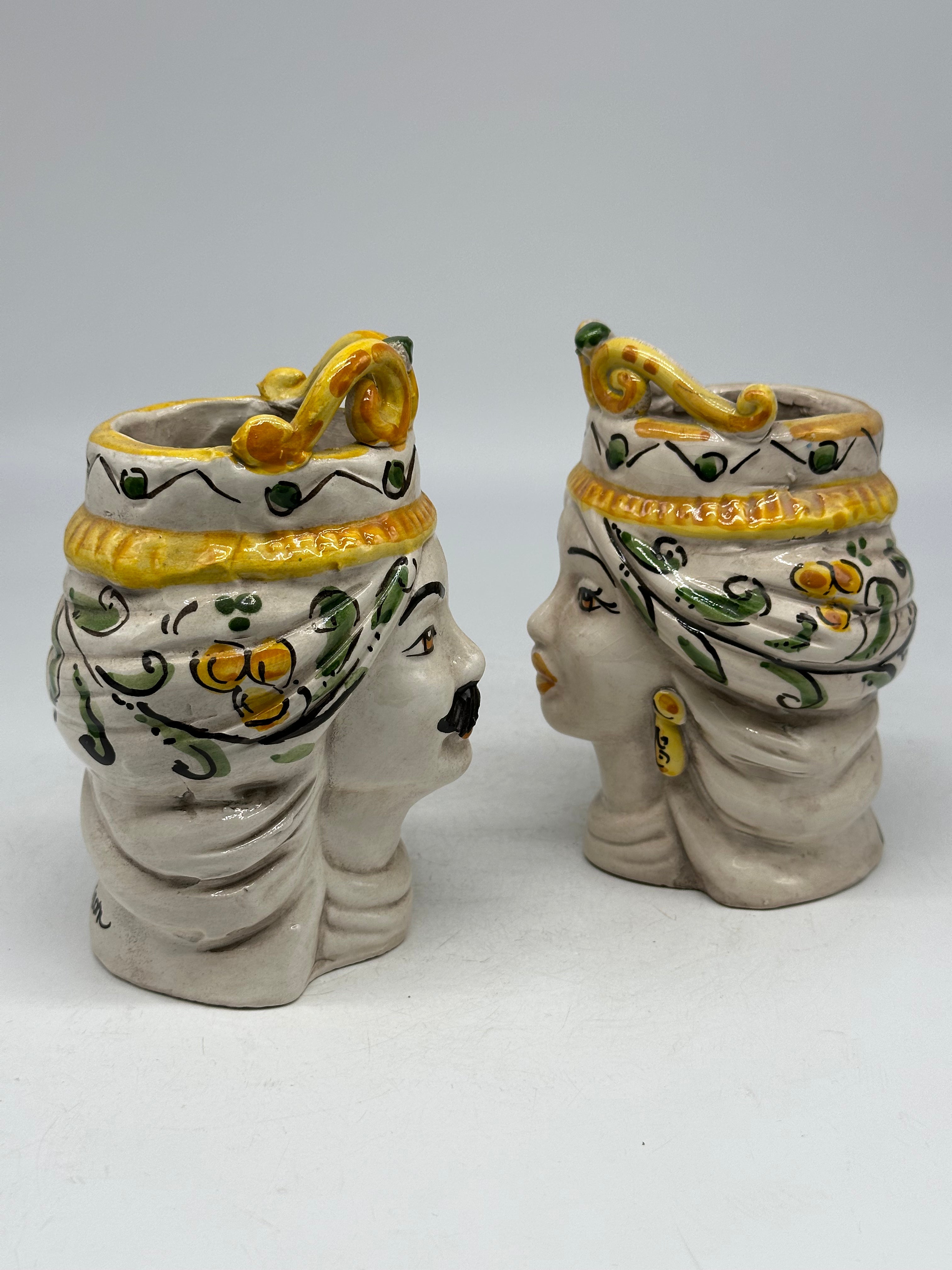 Coppia Teste di Moro Seicento Verde cm H.15 L.10 Ceramica Caltagirone Artigianale - TESTE DI MORO