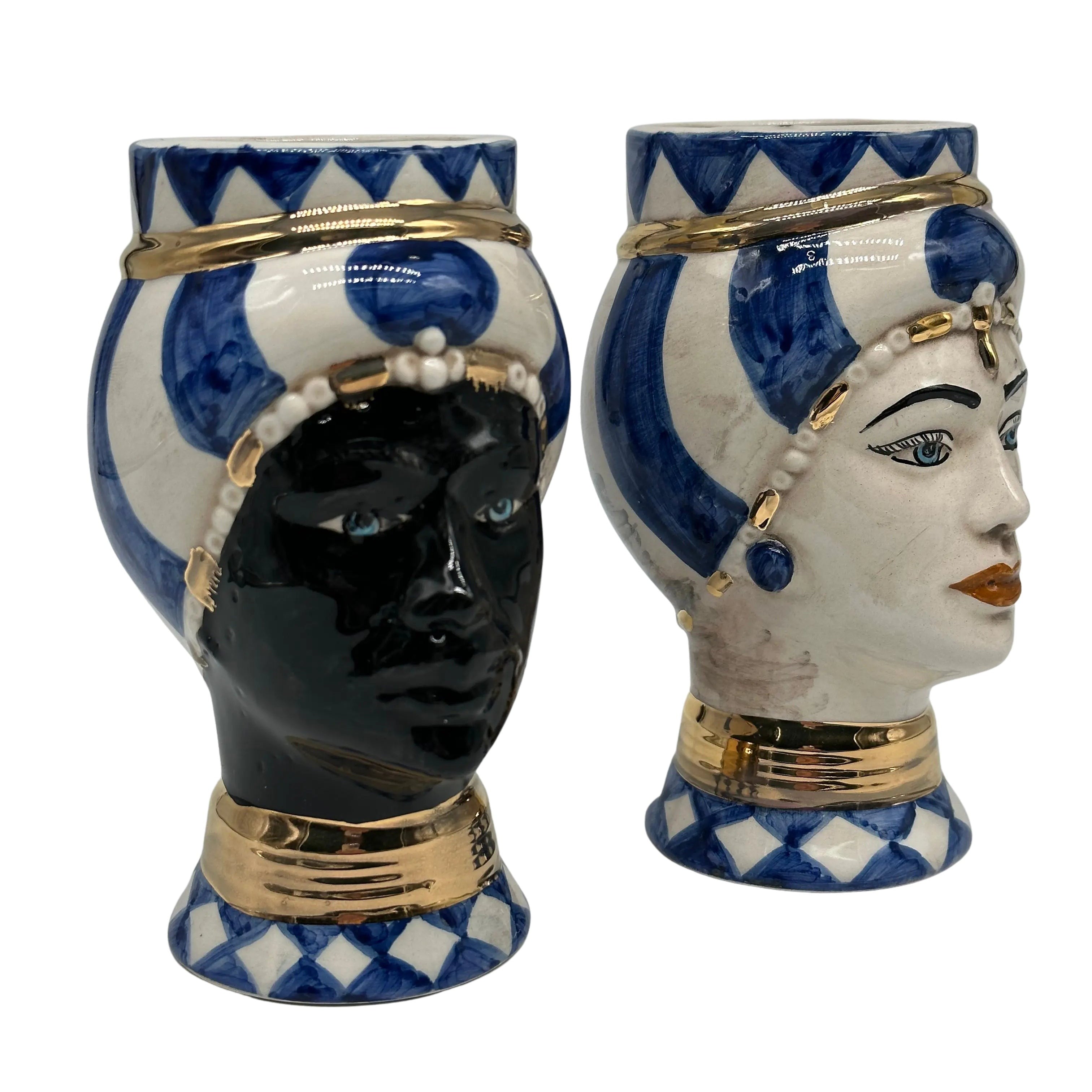 Coppia Teste di Moro Token Ceramica Caltagirone cm H.14 L.8 Artigianale VARI COLORI DD CERAMICHE SICILIANE