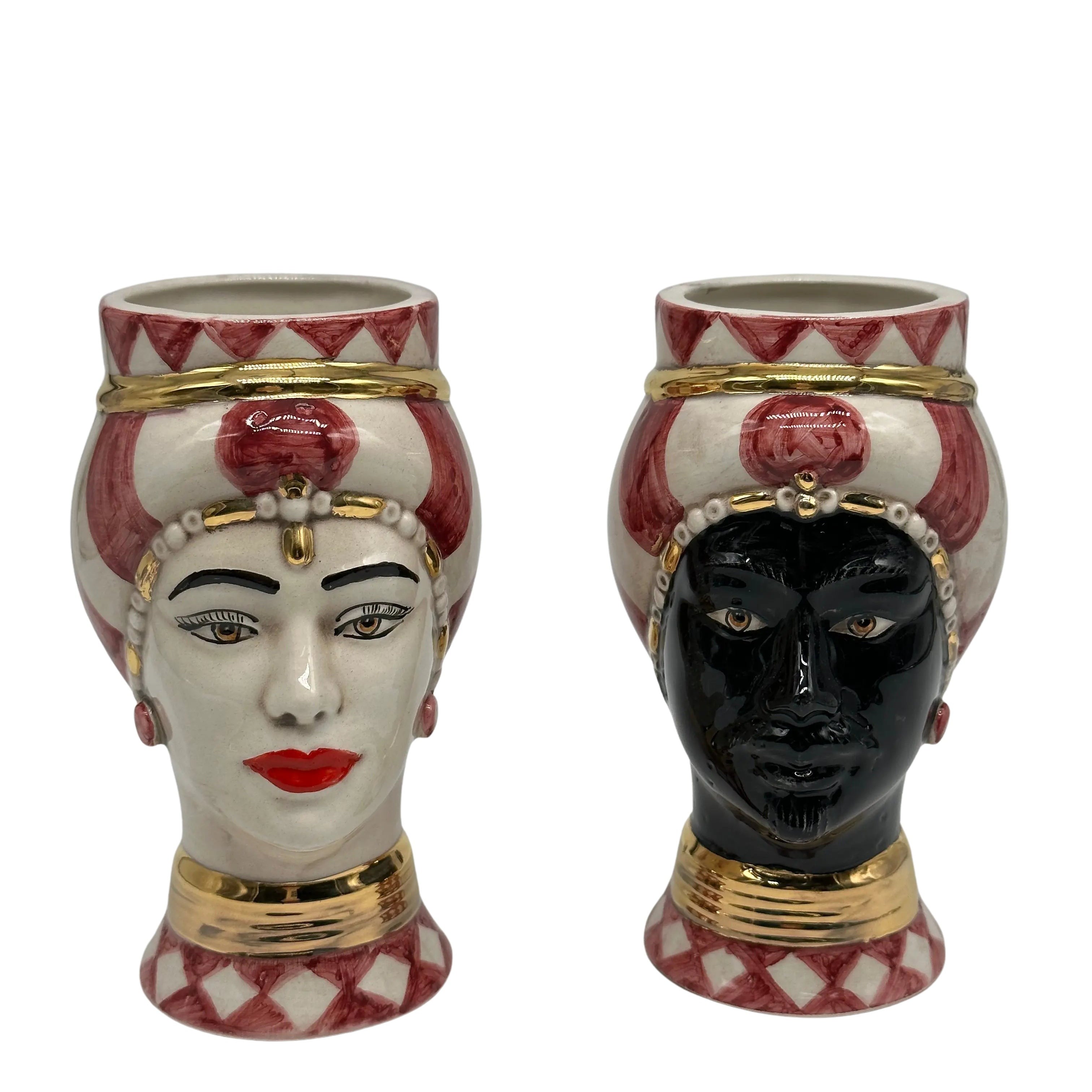 Coppia Teste di Moro Token Ceramica Caltagirone cm H.14 L.8 Artigianale VARI COLORI DD CERAMICHE SICILIANE