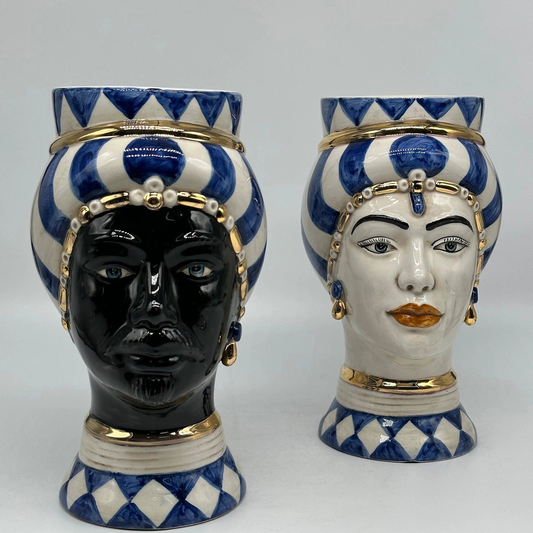 Coppia Teste di Moro Token Ceramica Caltagirone cm H.23 L.12 Artigianale VARI COLORI DD CERAMICHE SICILIANE