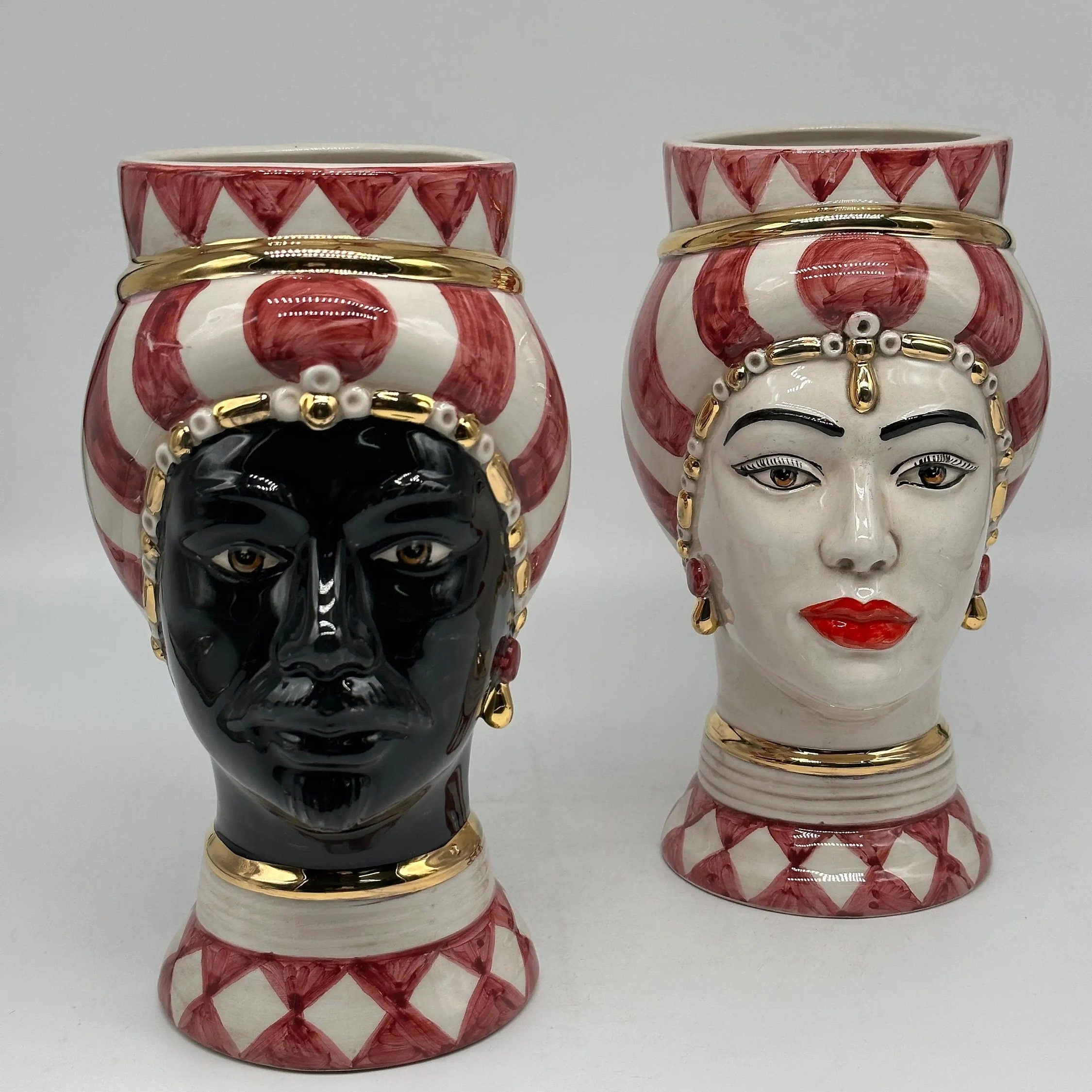 Coppia Teste di Moro Token Ceramica Caltagirone cm H.23 L.12 Artigianale VARI COLORI DD CERAMICHE SICILIANE