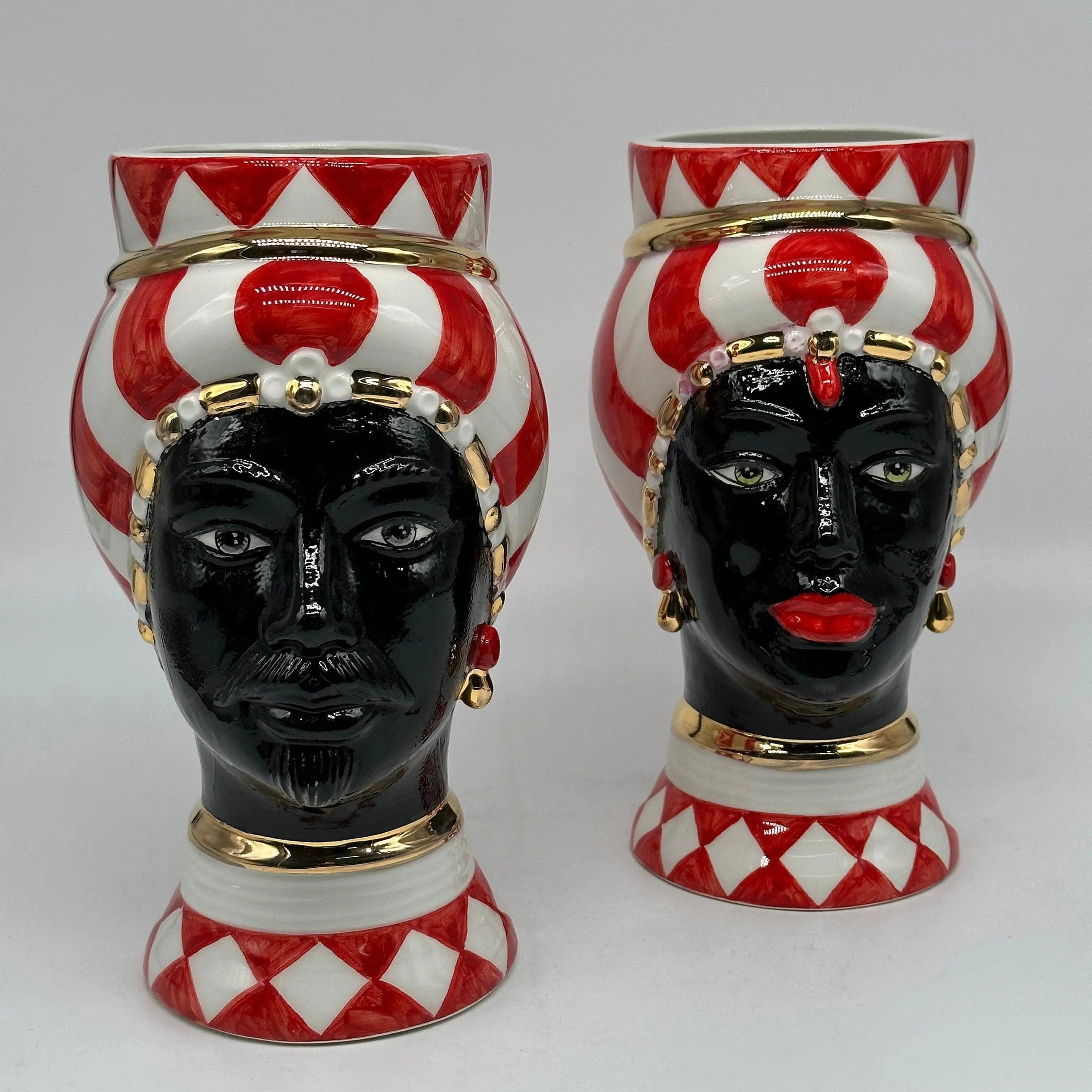 Coppia Teste di Moro Token Ceramica Caltagirone cm H.23 L.12 Artigianale VARI COLORI DD CERAMICHE SICILIANE