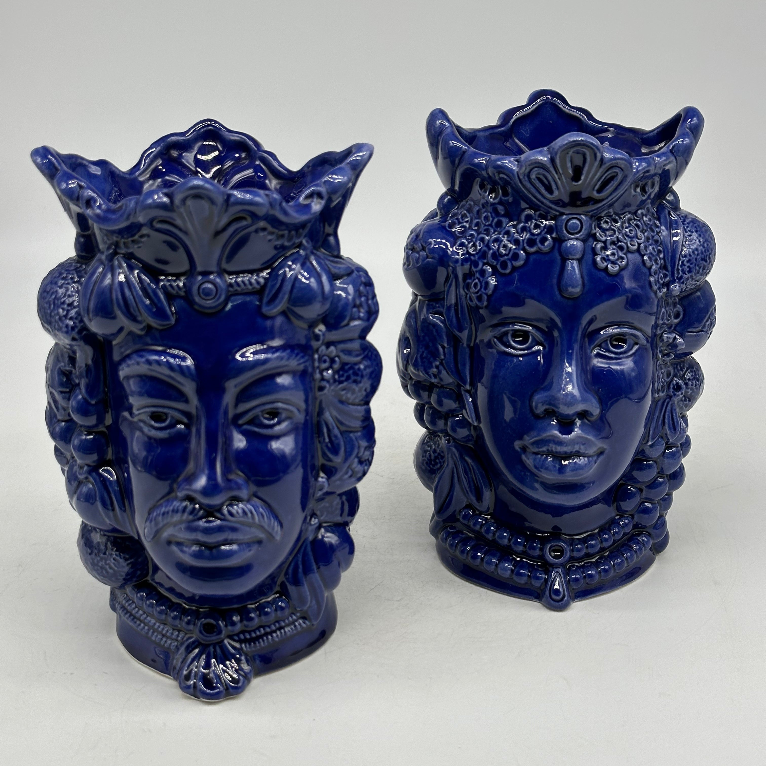 FINE SERIE - Coppia Teste di Moro Afro Frutta Ceramica Caltagirone cm H.18 L.12 Artigianale Blu - TESTE DI MORO
