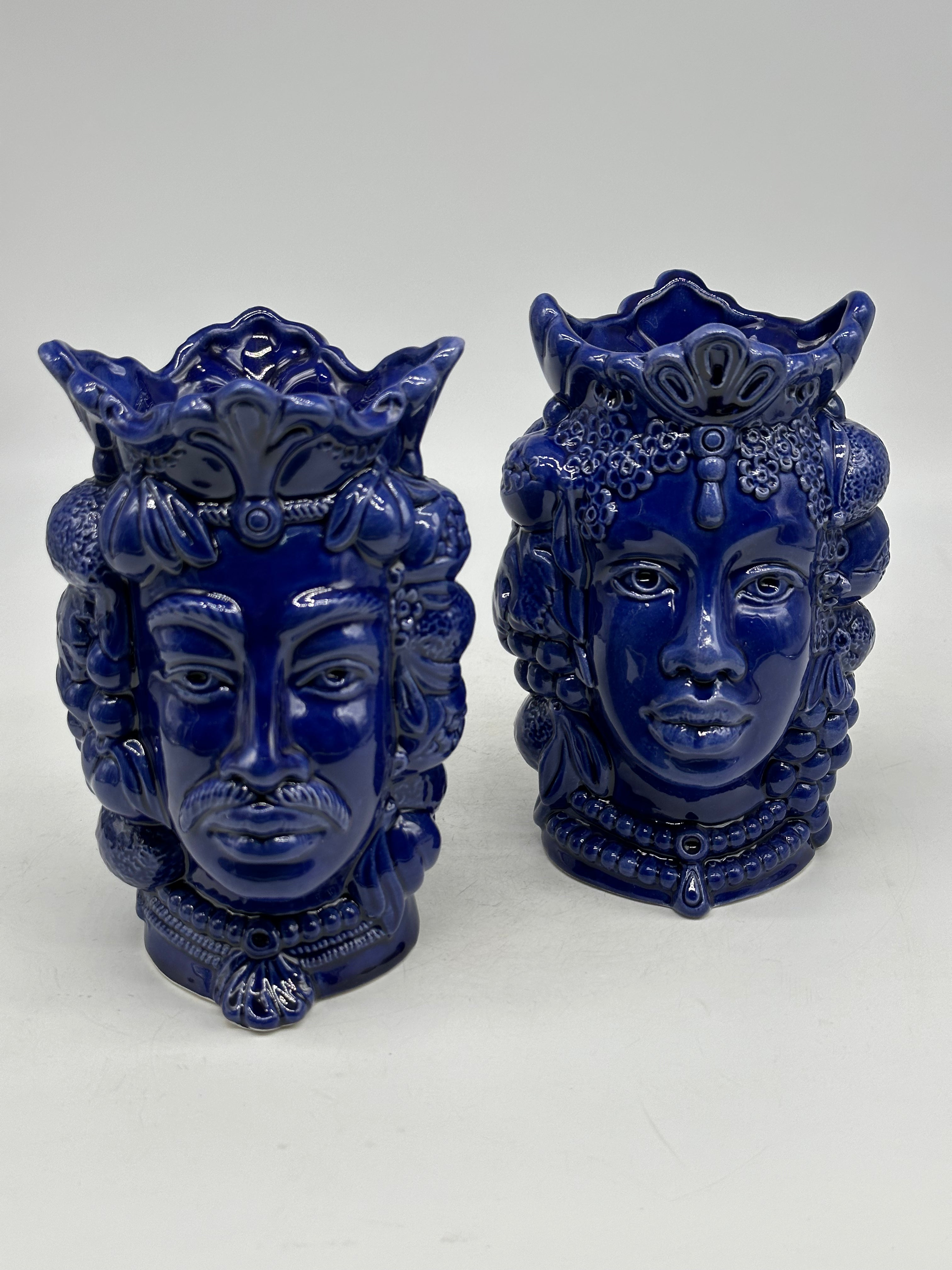 FINE SERIE - Coppia Teste di Moro Afro Frutta Ceramica Caltagirone cm H.18 L.12 Artigianale Blu - TESTE DI MORO